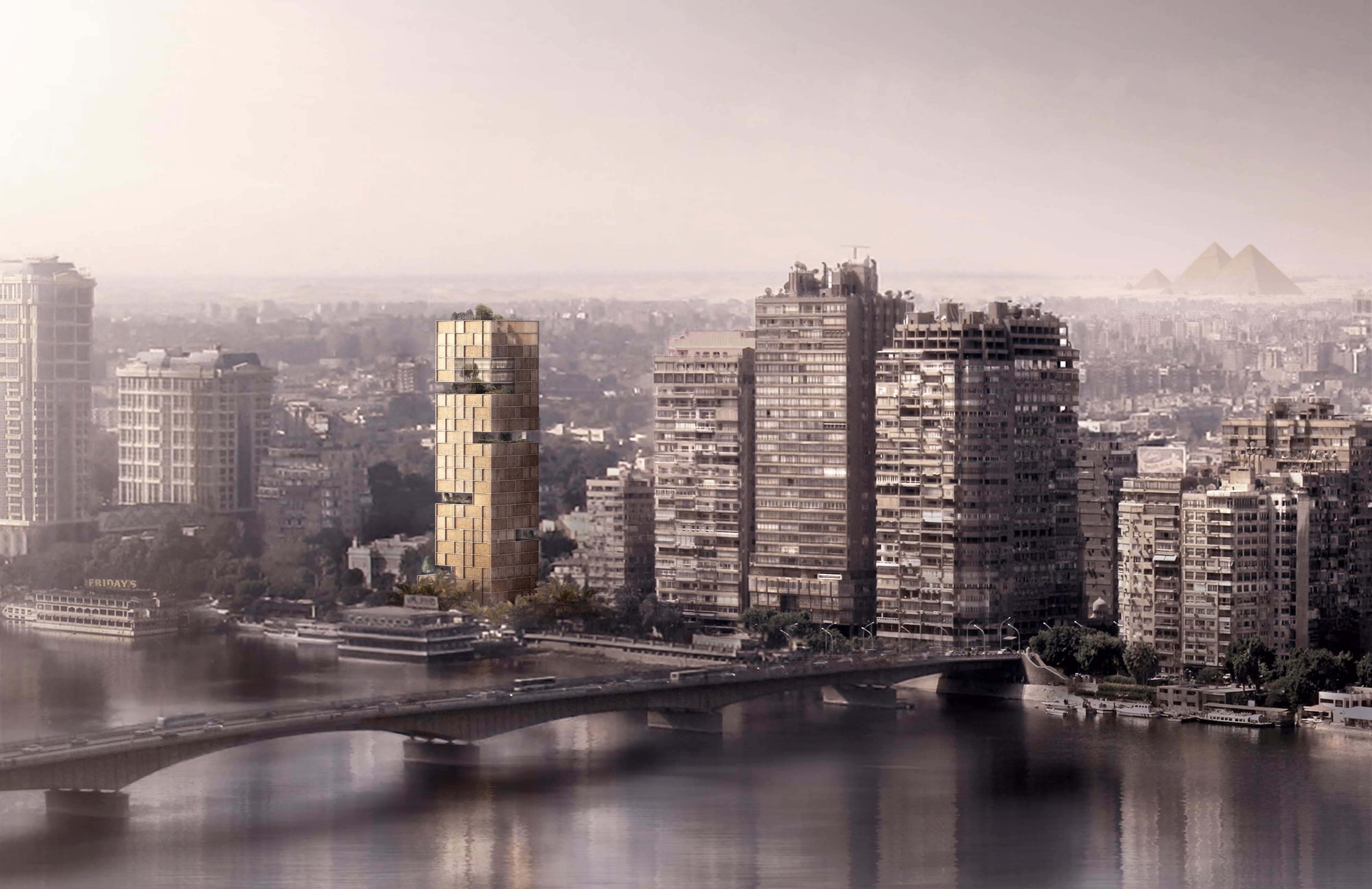 Nile Tower's golden faceted facade rises above the riverbank in Cairo, with the Nile and a bridge in the foreground and the Giza pyramids visible in the distance