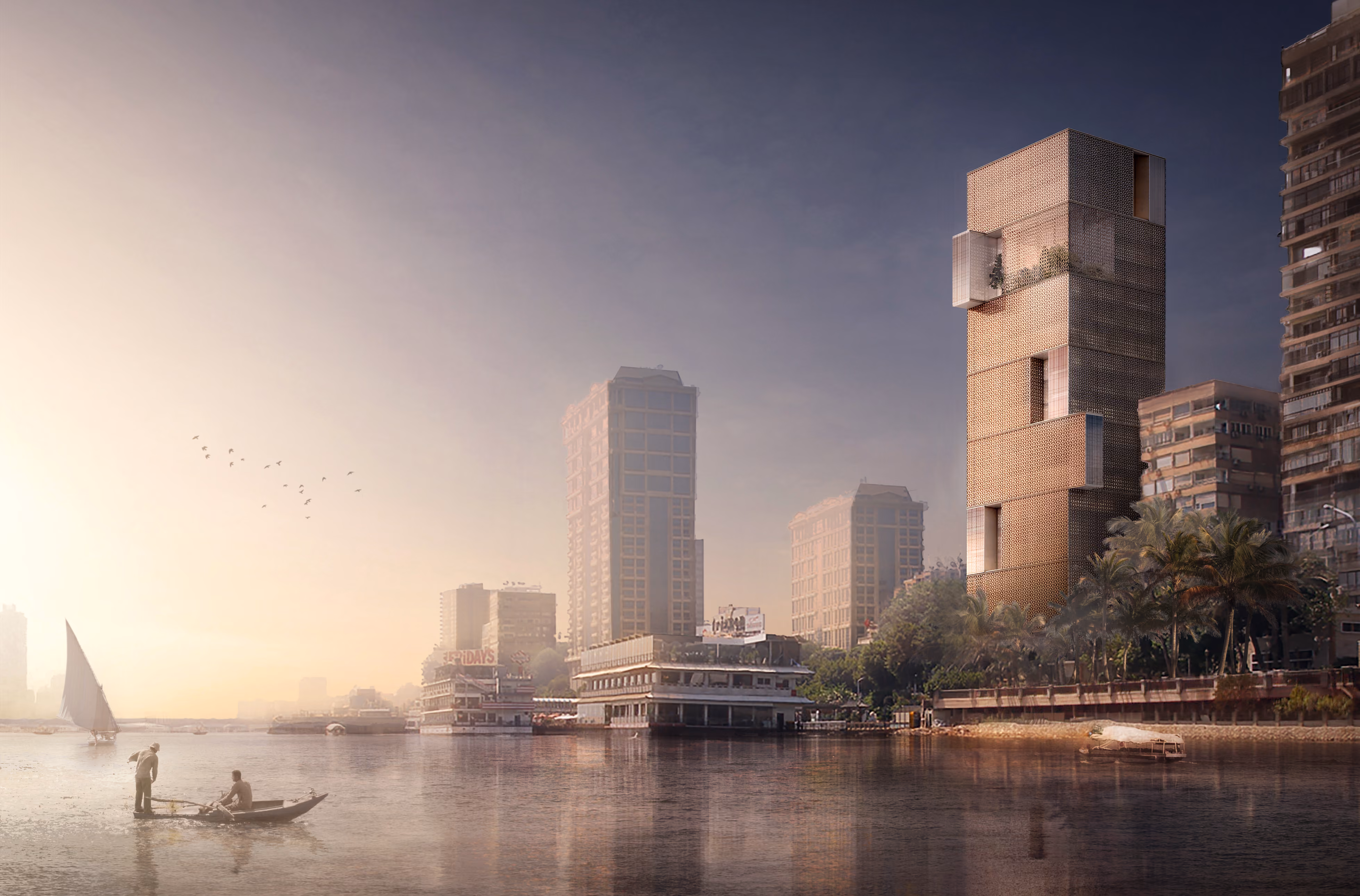 Nile Tower in Cairo, a perforated stone-clad high-rise with staggered terraces rising above the riverbank, seen at dusk with feluccas on the Nile in the foreground