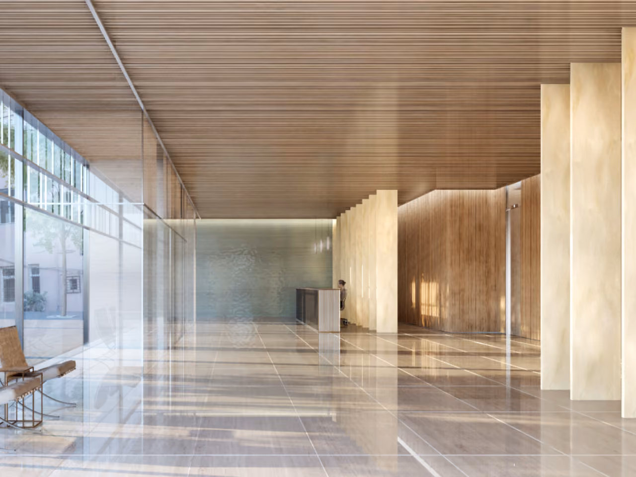 Lobby interior of Saifi 86 in Beirut, polished stone flooring, ribbed timber ceiling, onyx-clad columns and a reception desk beside floor-to-ceiling glazing