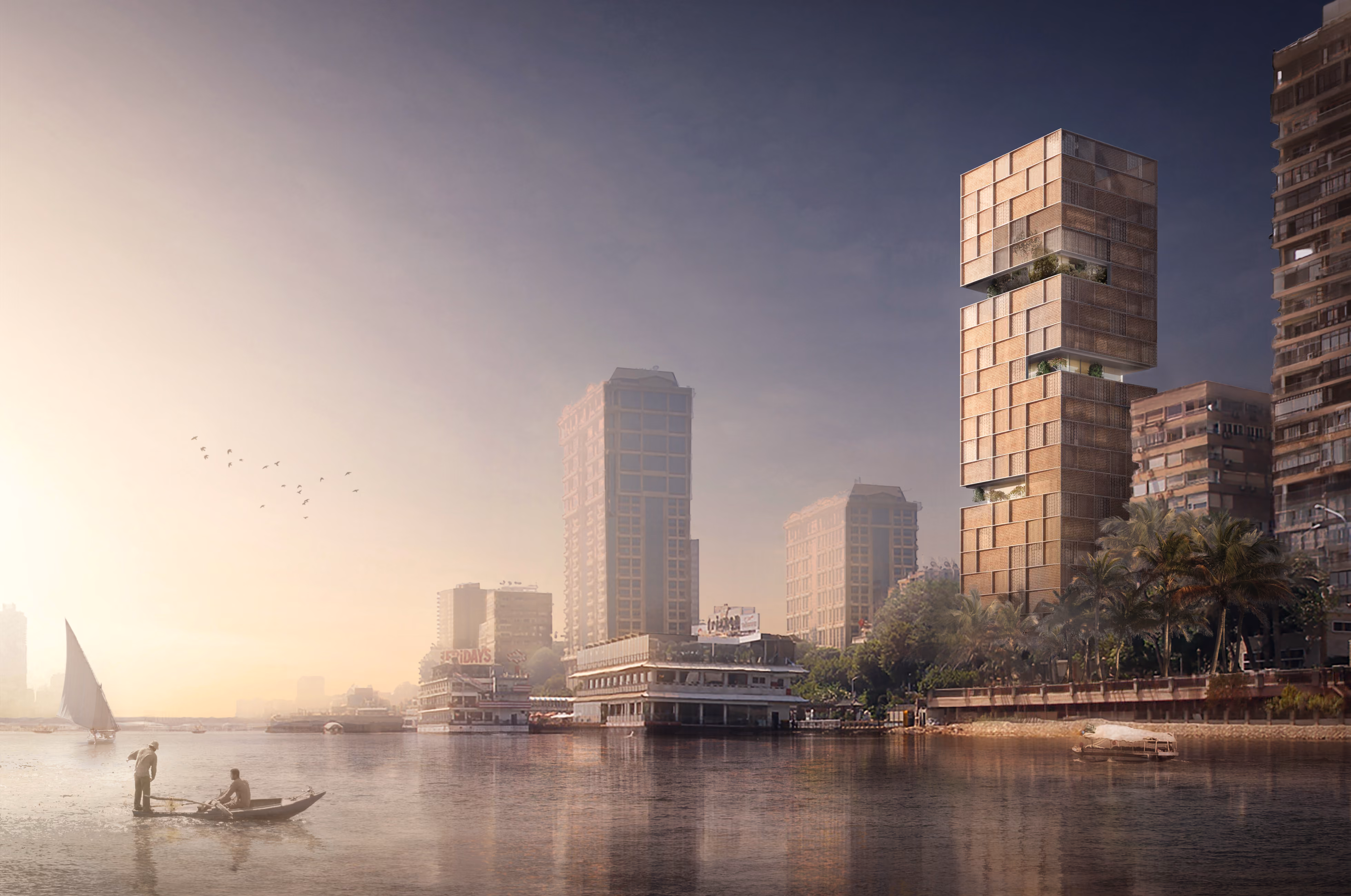 Nile Tower in Cairo, a stacked textured-facade high-rise rising above the riverbank skyline at sunset, with a felucca and rowing boat on the Nile in the foreground