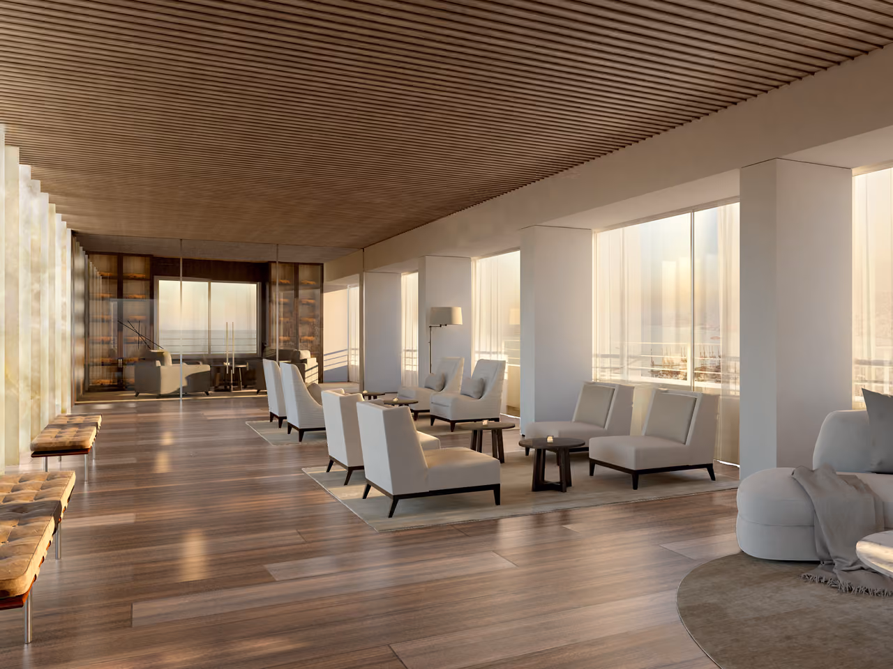 Lounge interior at Saifi 86 in Beirut, wooden slatted ceiling and floor with clusters of pale armchairs beside floor-to-ceiling windows