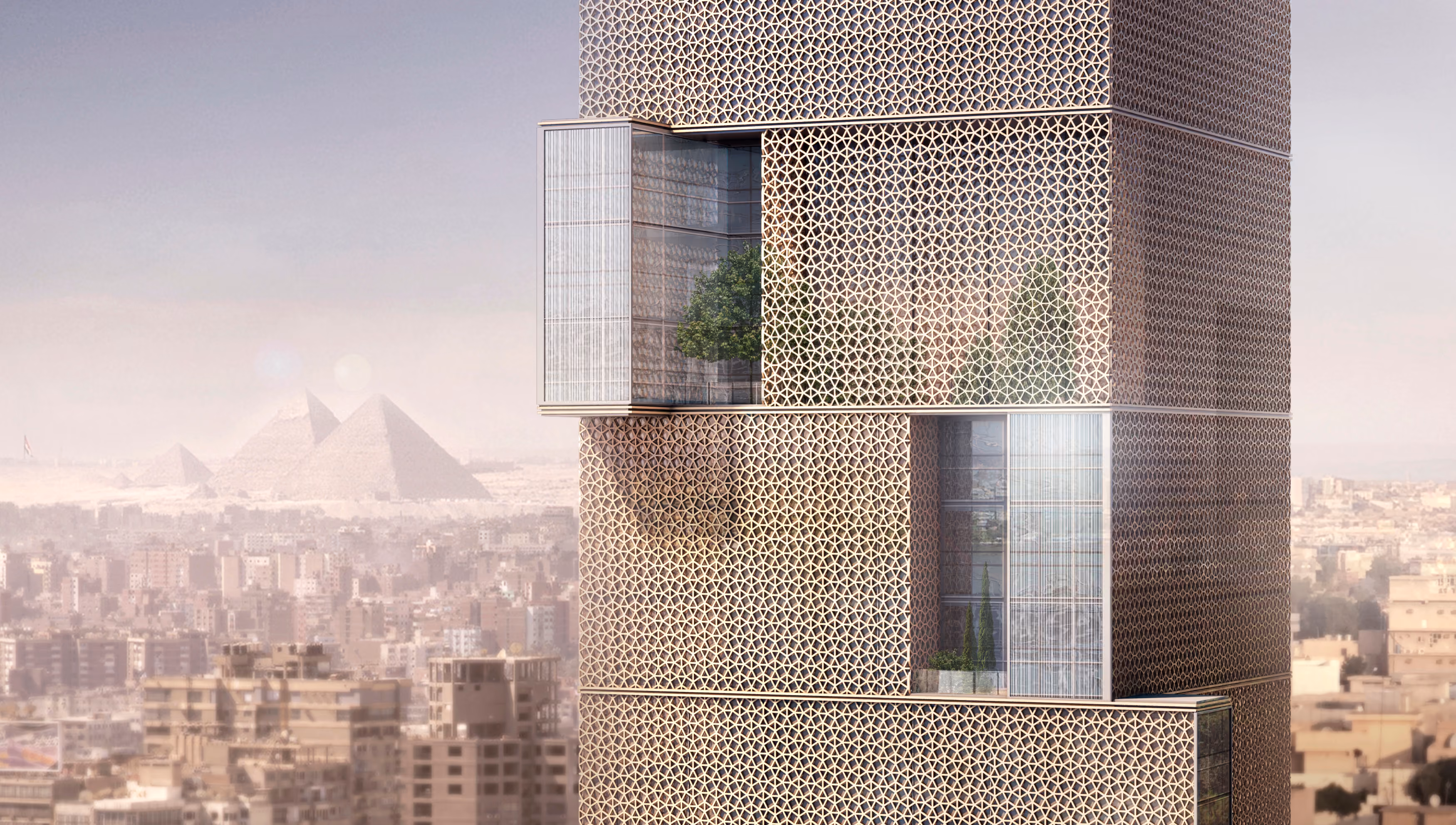 Nile Tower, a lattice-clad high-rise by Nabil Gholam Architects, with recessed terraced greenery overlooking the Giza pyramids and Cairo skyline, Egypt