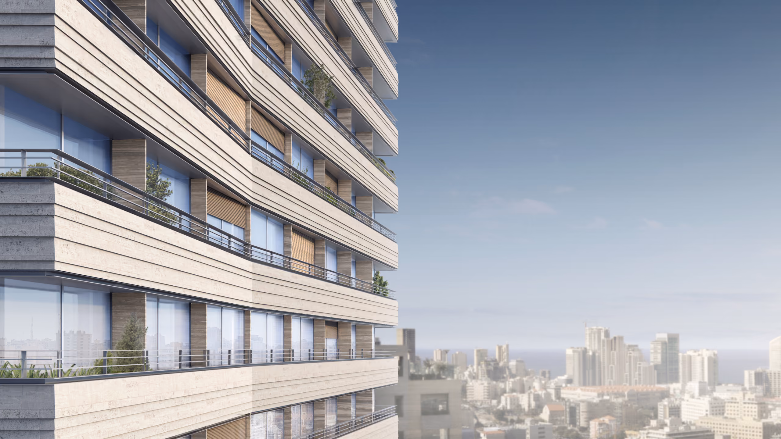 Close-up facade view of Saifi 86 in Beirut, angled limestone strips and curved balconies overlooking the city skyline and coastline