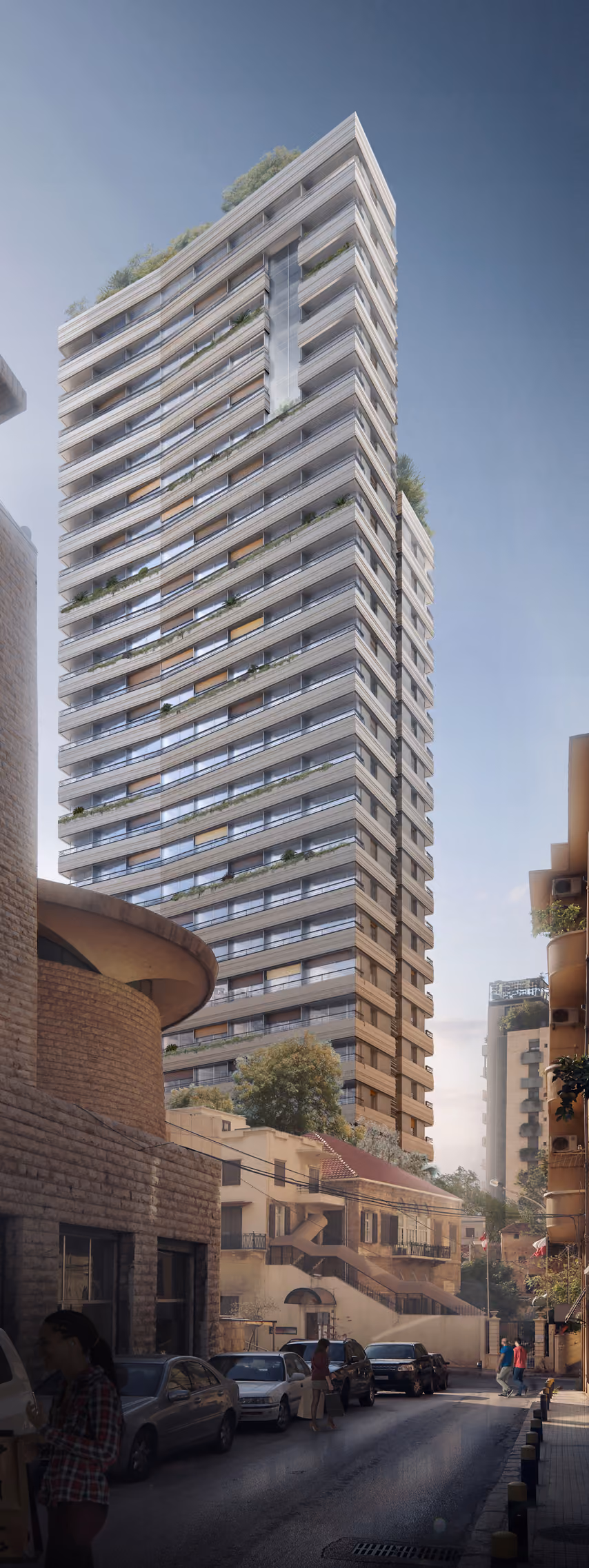 Saifi 86 tower in Beirut, tall stone-clad high-rise with layered balconies and greenery, viewed from a narrow street lined with older low-rise buildings