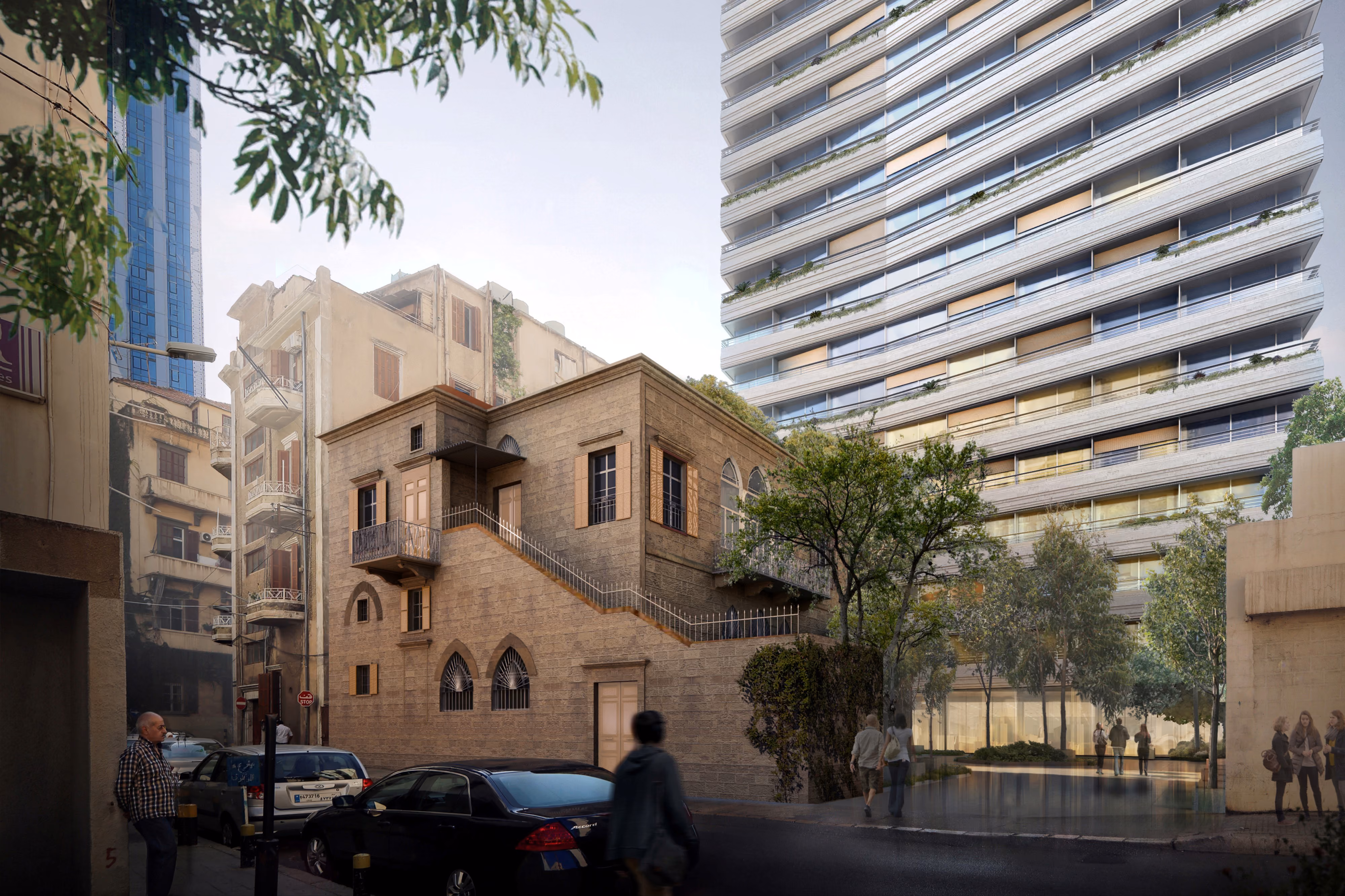 Saifi 86, a high-rise by Nabil Gholam Architects with angled limestone louvers, rising behind a preserved heritage stone house on a Beirut street, Lebanon