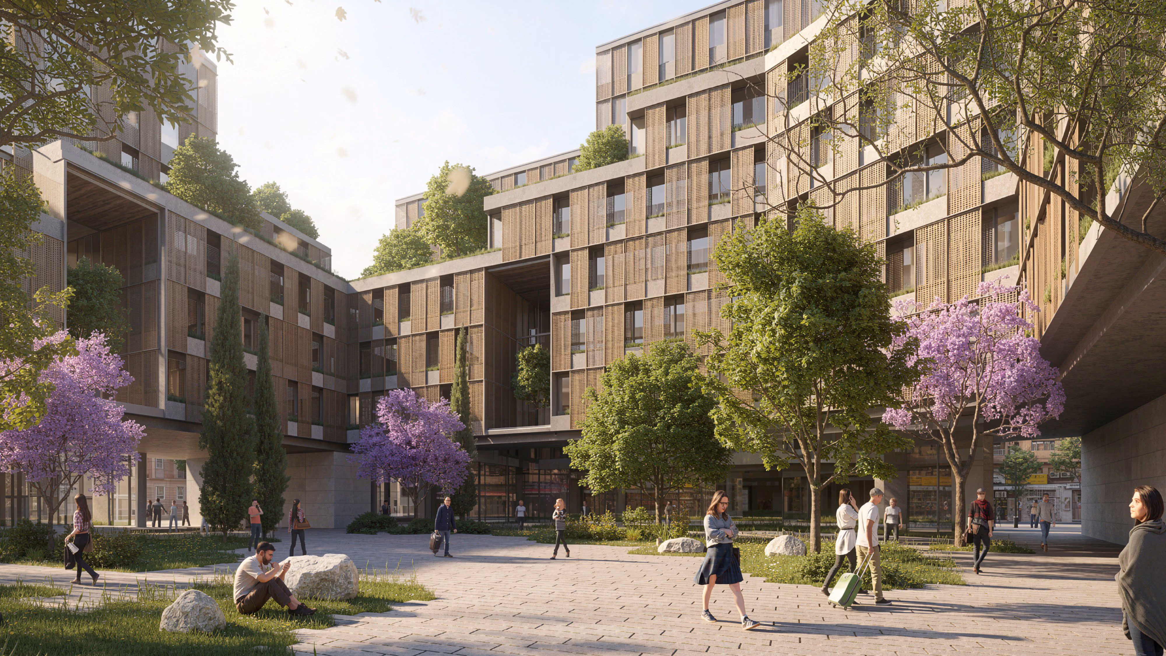 City Campus 01 by Nabil Gholam Architects, timber-clad student housing blocks framing a landscaped piazza with jacaranda trees in Beirut, Lebanon