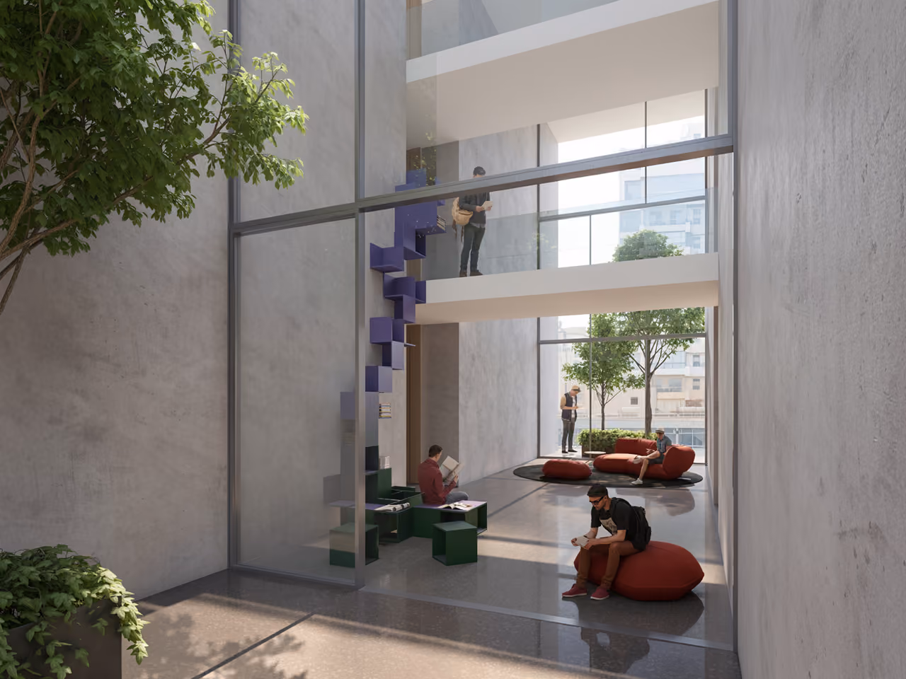 Double-height communal lounge at City Campus 01 in Beirut, with a purple modular bookshelf, red bean bags and concrete walls opening onto a landscaped courtyard