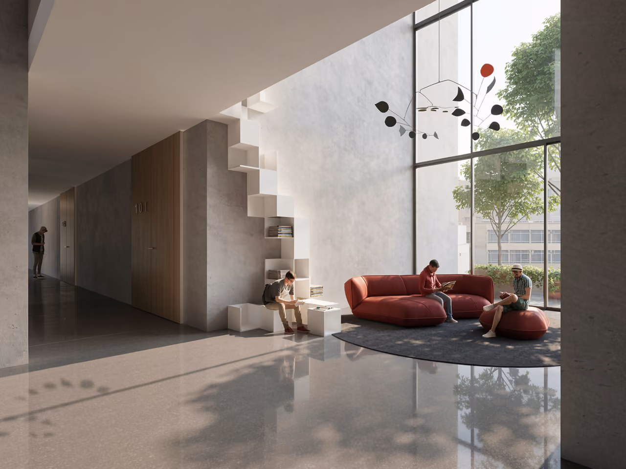 Communal lounge in City Campus 01, Beirut, with red modular seating, a built-in white shelving staircase and a corridor of residential units under a double-height glazed wall