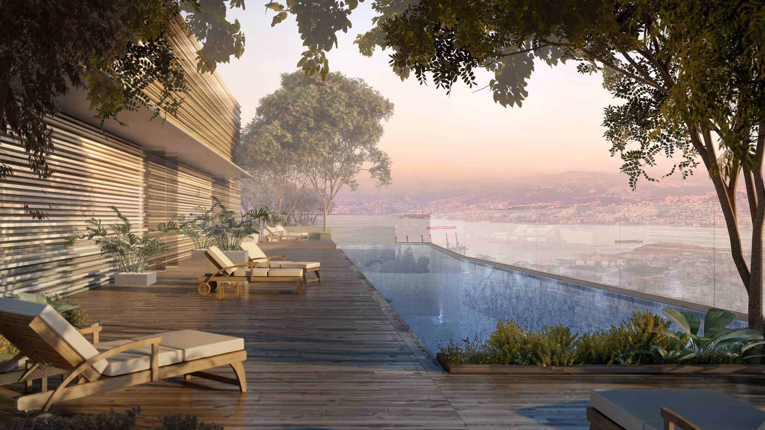Rooftop terrace of Saifi 86 in Beirut, wooden deck with lounge chairs beside an infinity pool overlooking the city and coastline at dusk