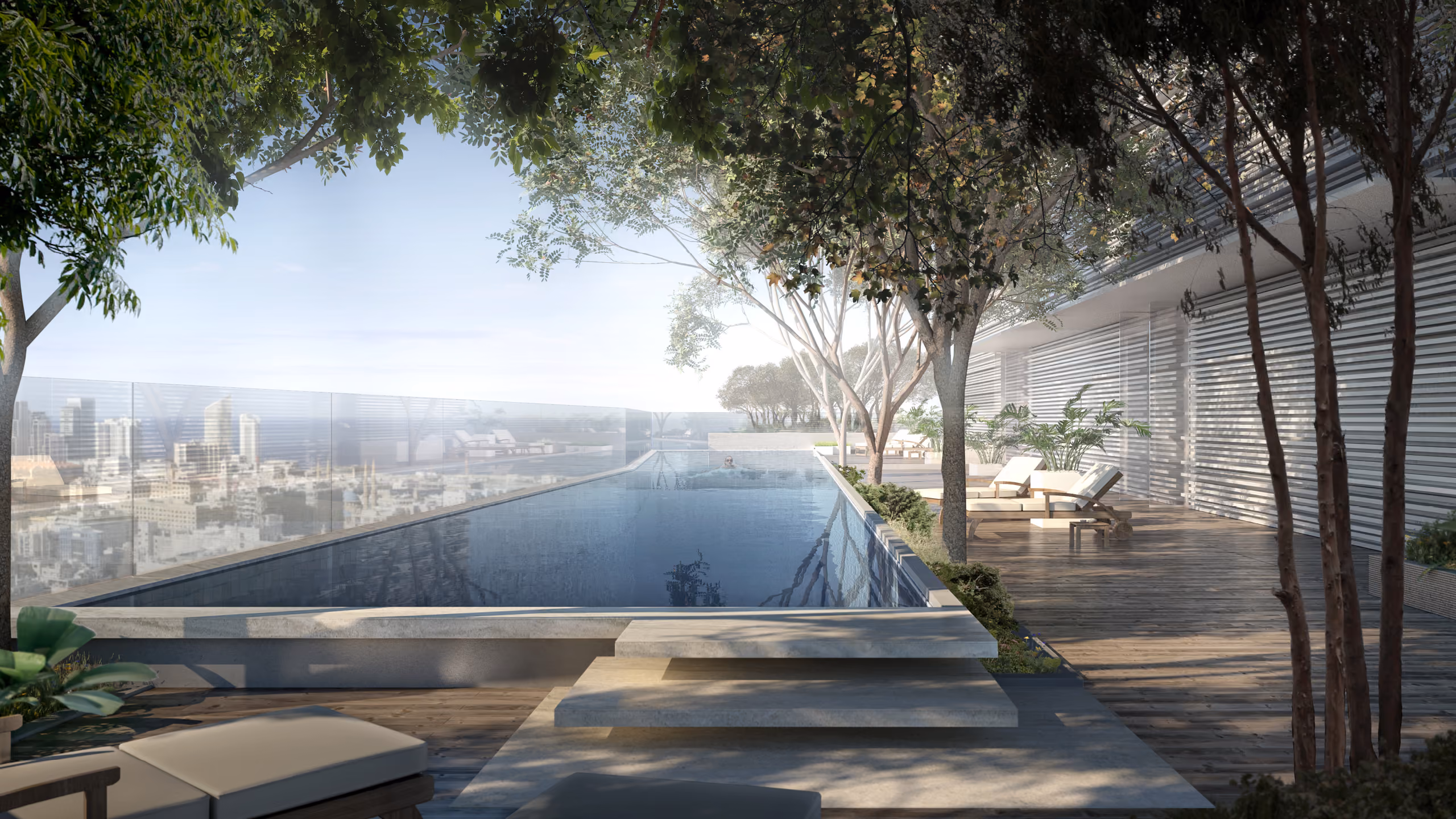 Rooftop terrace of Saifi 86 in Beirut, an infinity pool shaded by trees on a wooden deck overlooking the city skyline