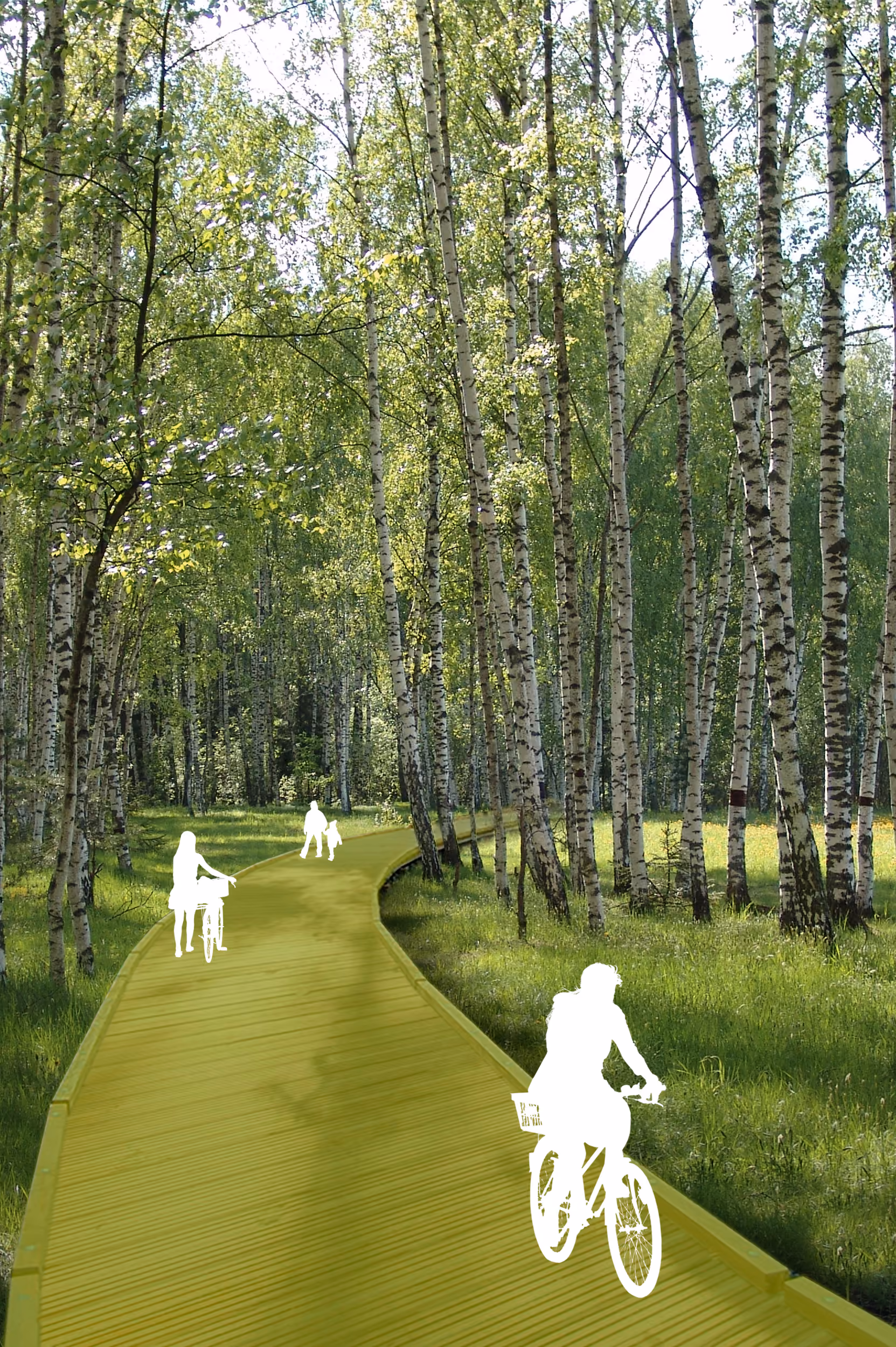 Rendering of a curving elevated boardwalk through a birch forest at Tec eco-retreat in Moscow, with silhouetted cyclists and pedestrians using the path
