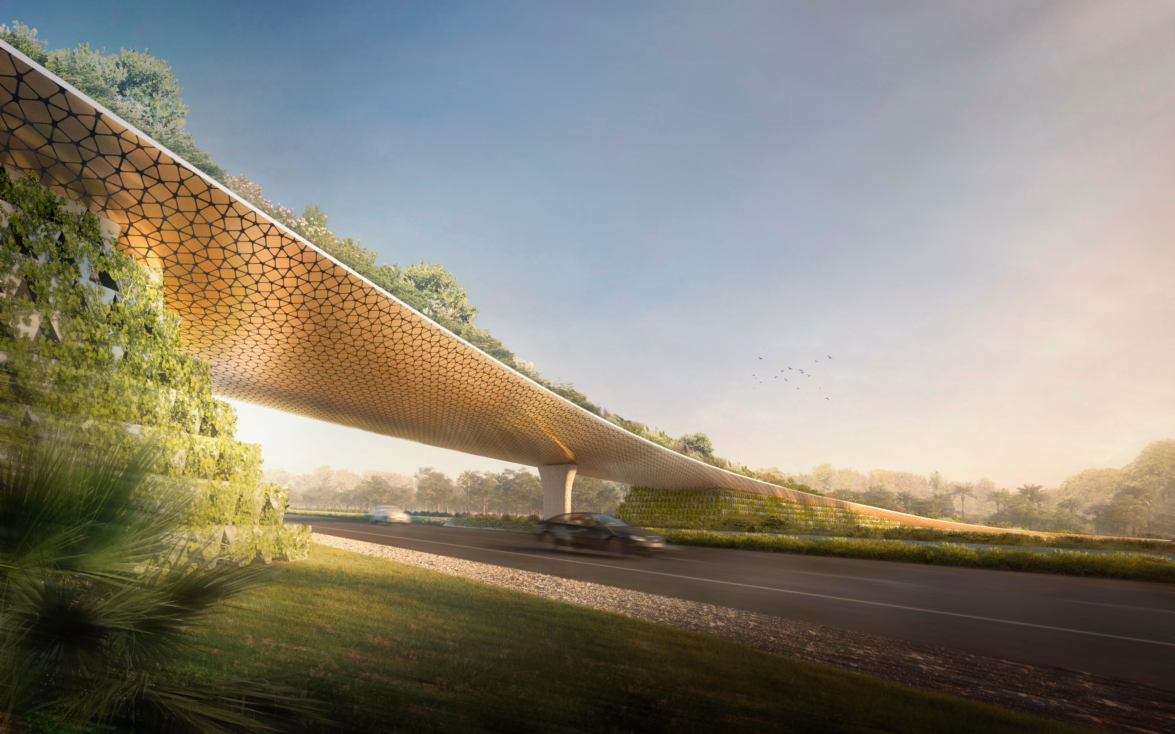 Elevated honeycomb-patterned canopy of the Regenerative Dome curving over a highway, blending into dense greenery on the Arabian Peninsula