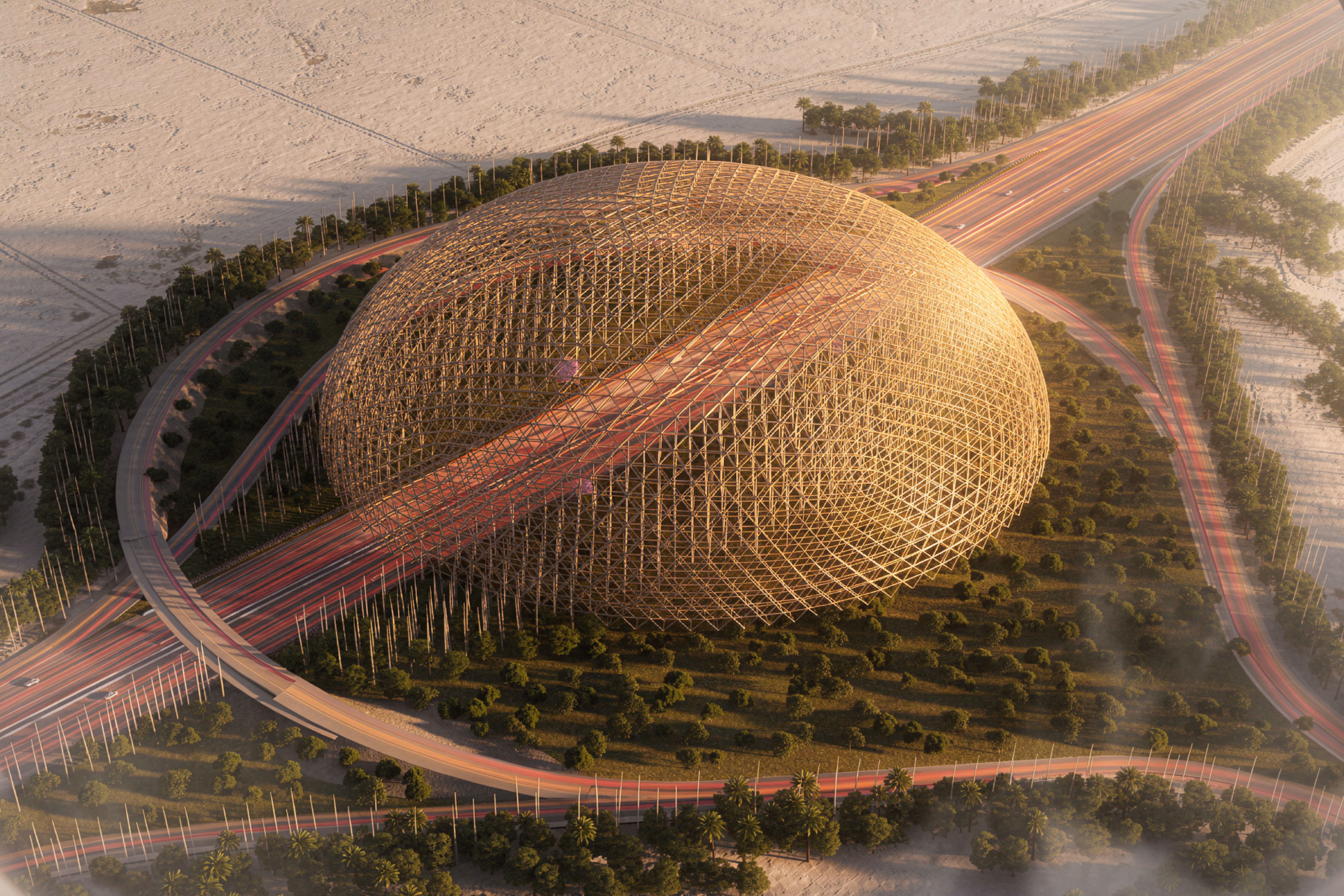 Regenerative Dome by Nabil Gholam Architects, a vast lattice-shelled sphere straddling a desert highway interchange lined with palm trees, Arabian Peninsula