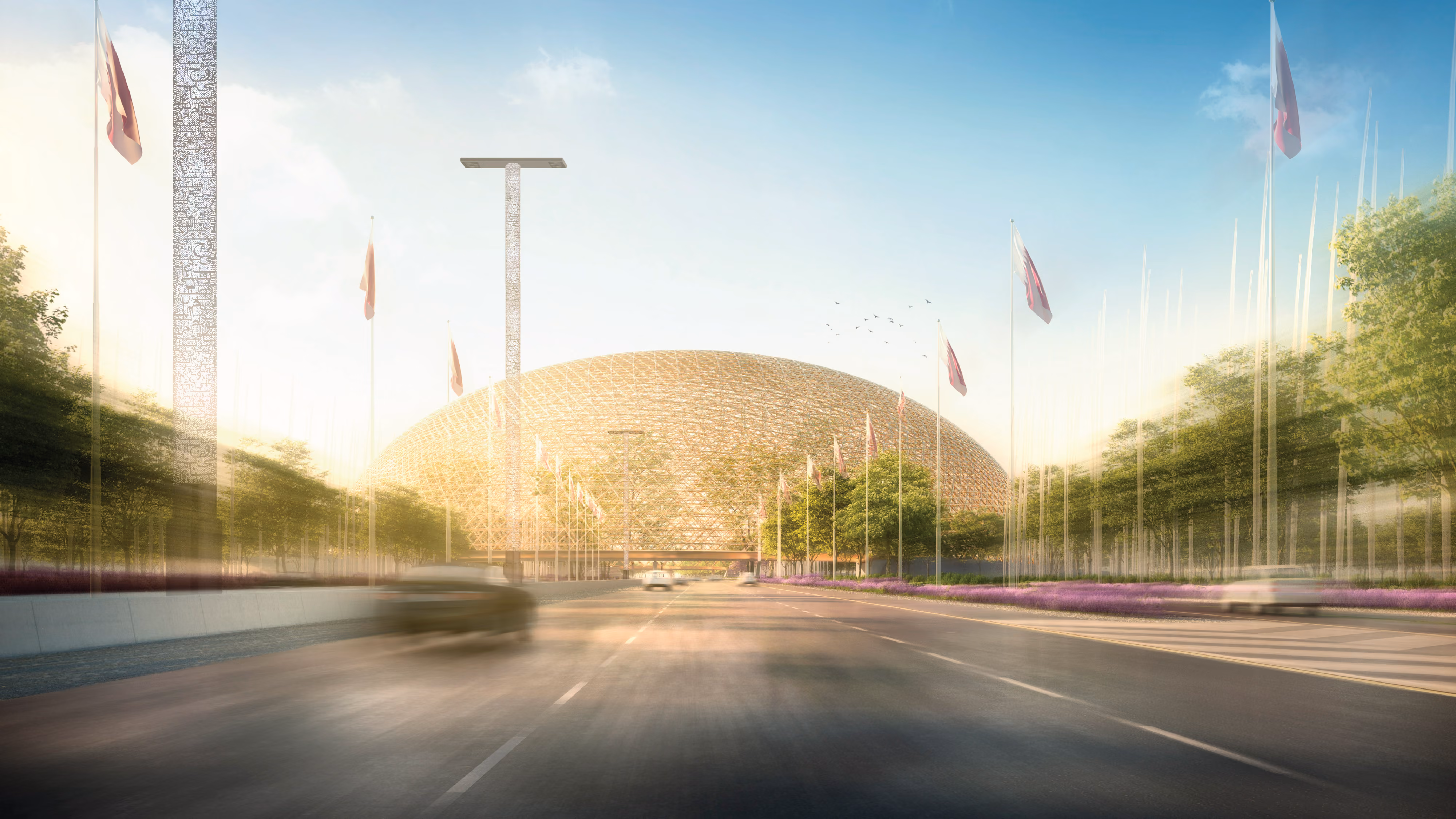 Regenerative Dome, a vast lattice-domed structure rising over a flag-lined highway approach in the Arabian Peninsula, viewed from the road at dusk