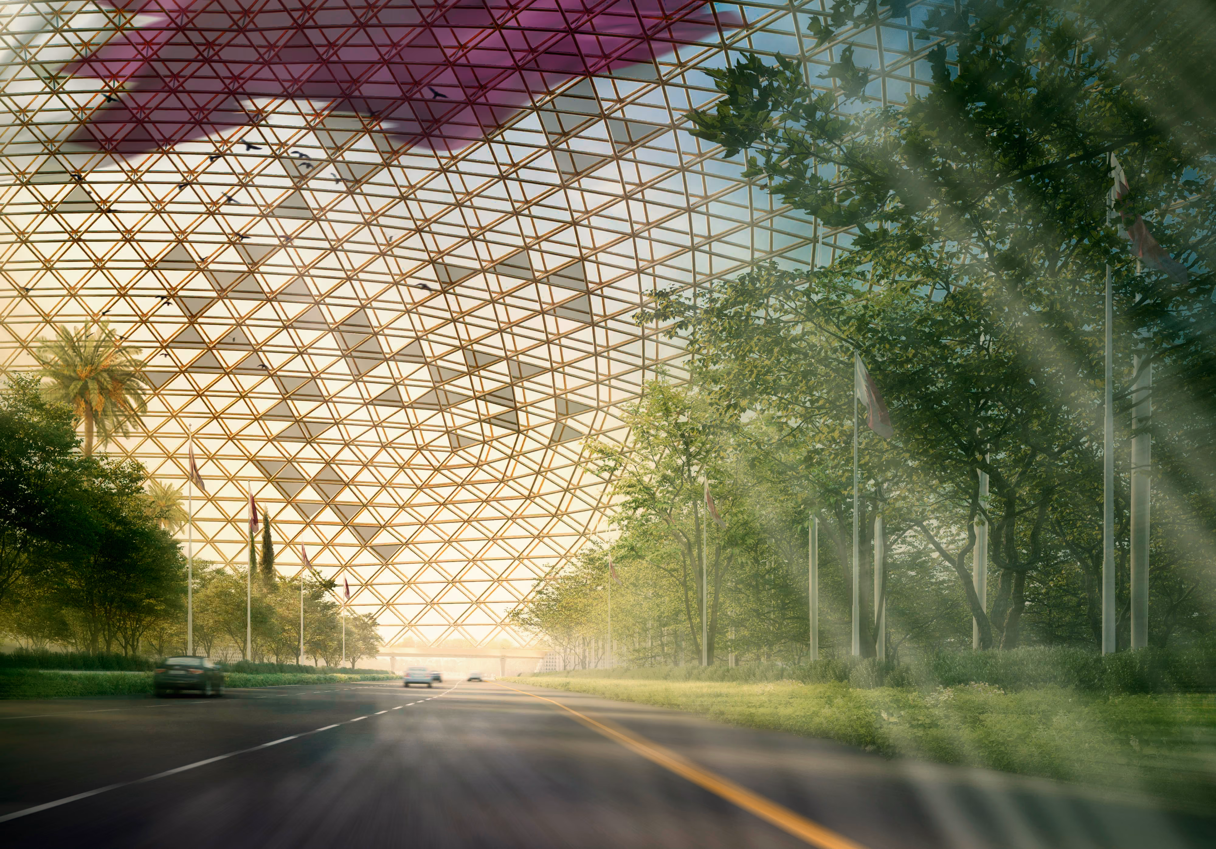 Regenerative Dome, a diamond-latticed canopy arching over a tree-lined highway on the Arabian Peninsula, sunlight filtering through the structure toward the capital