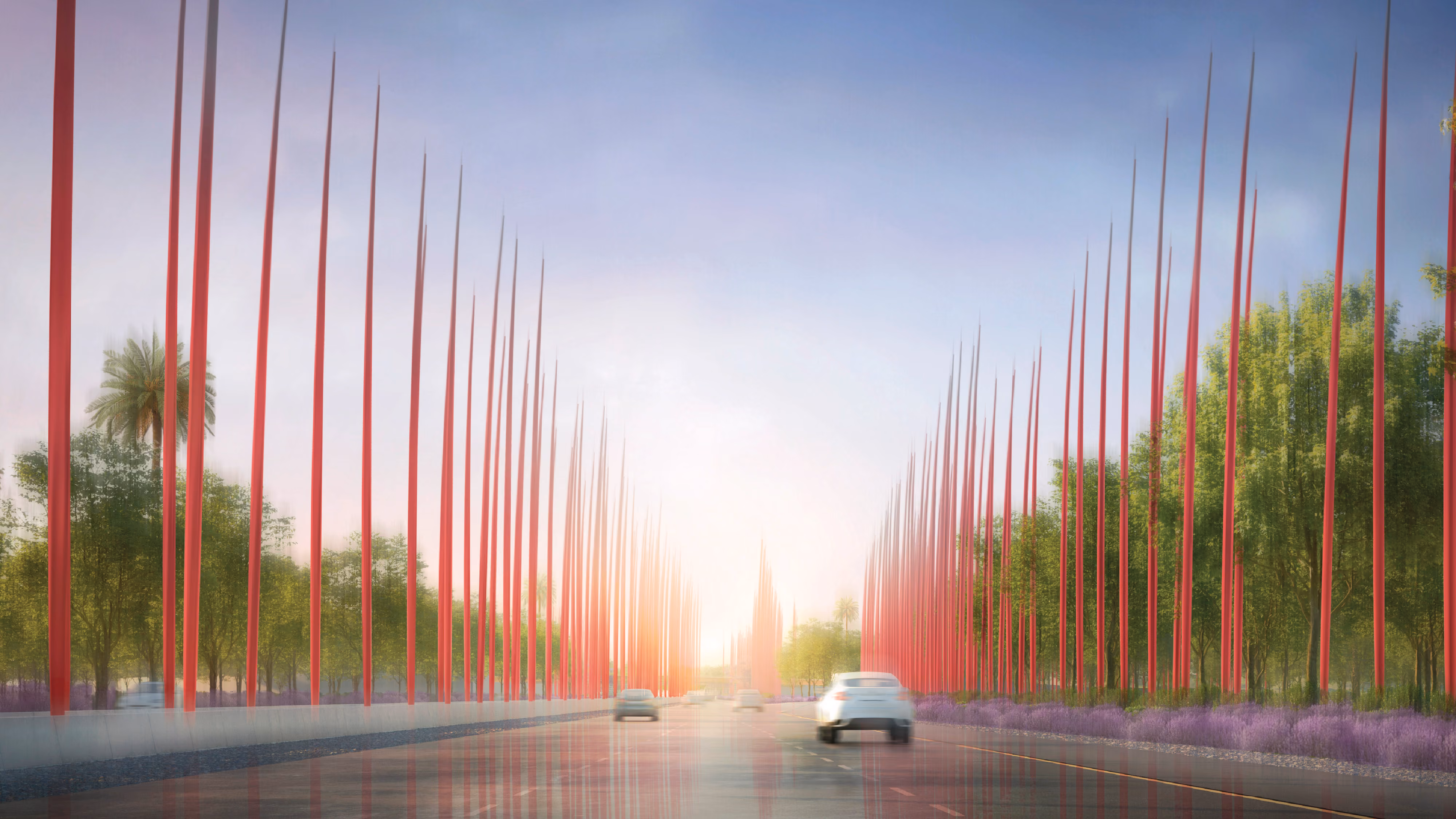 Rendering of the Regenerative Dome highway approach, tall slender red spires lining both sides of a road amid trees and purple flowering shrubs at sunset