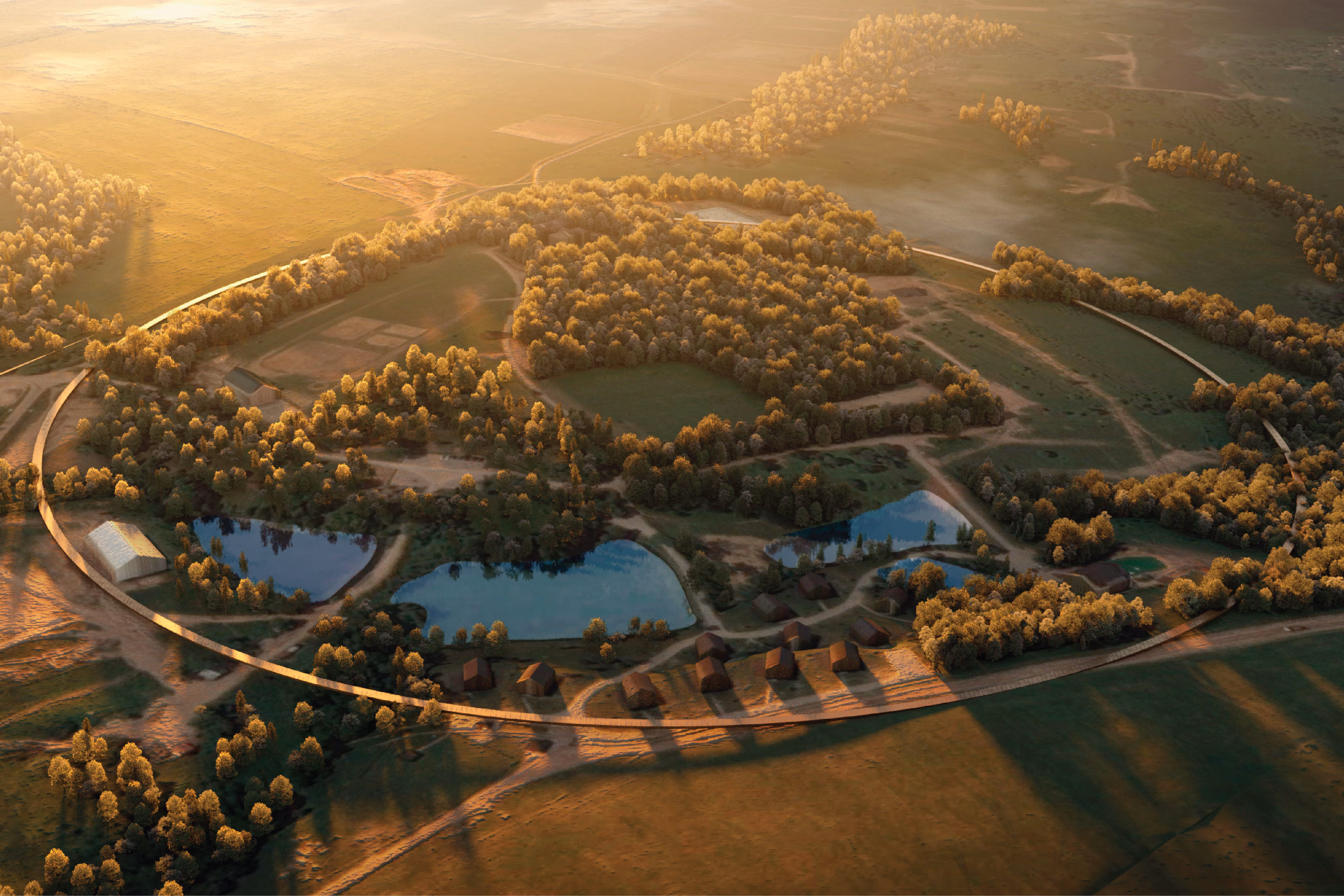 Aerial view of Tec eco-retreat in Moscow, a circular pathway encircling wooded clusters, ponds and scattered cabins across open farmland at sunrise