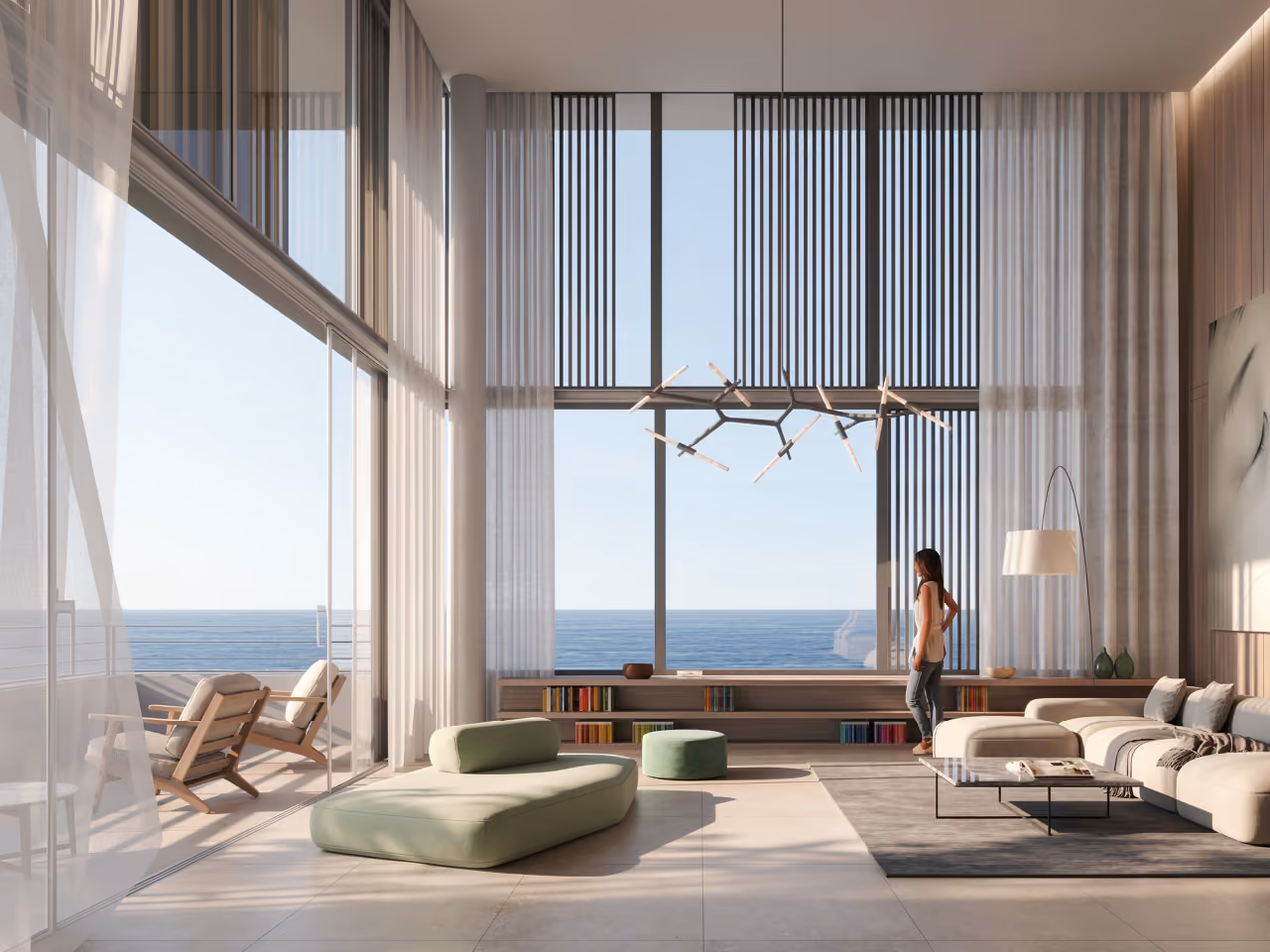 679, double-height living room in this Raouché residential project in Beirut, floor-to-ceiling windows framing sea views, sheer curtains, and a sculptural pendant light