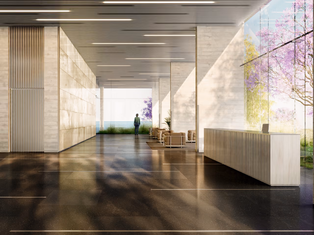 679, lobby interior of the Raouché residential complex in Beirut, ribbed timber reception desk and fluted wall panels, sea view framed by blossoming trees