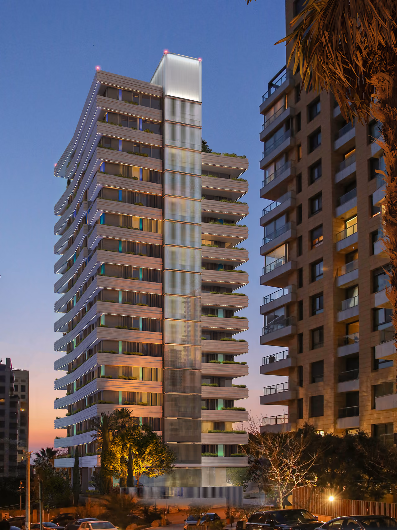 679, twilight view of a residential tower in Beirut's Raouché district, tiered balconies with greenery framing a luminous glass core beside a neighbouring high-rise