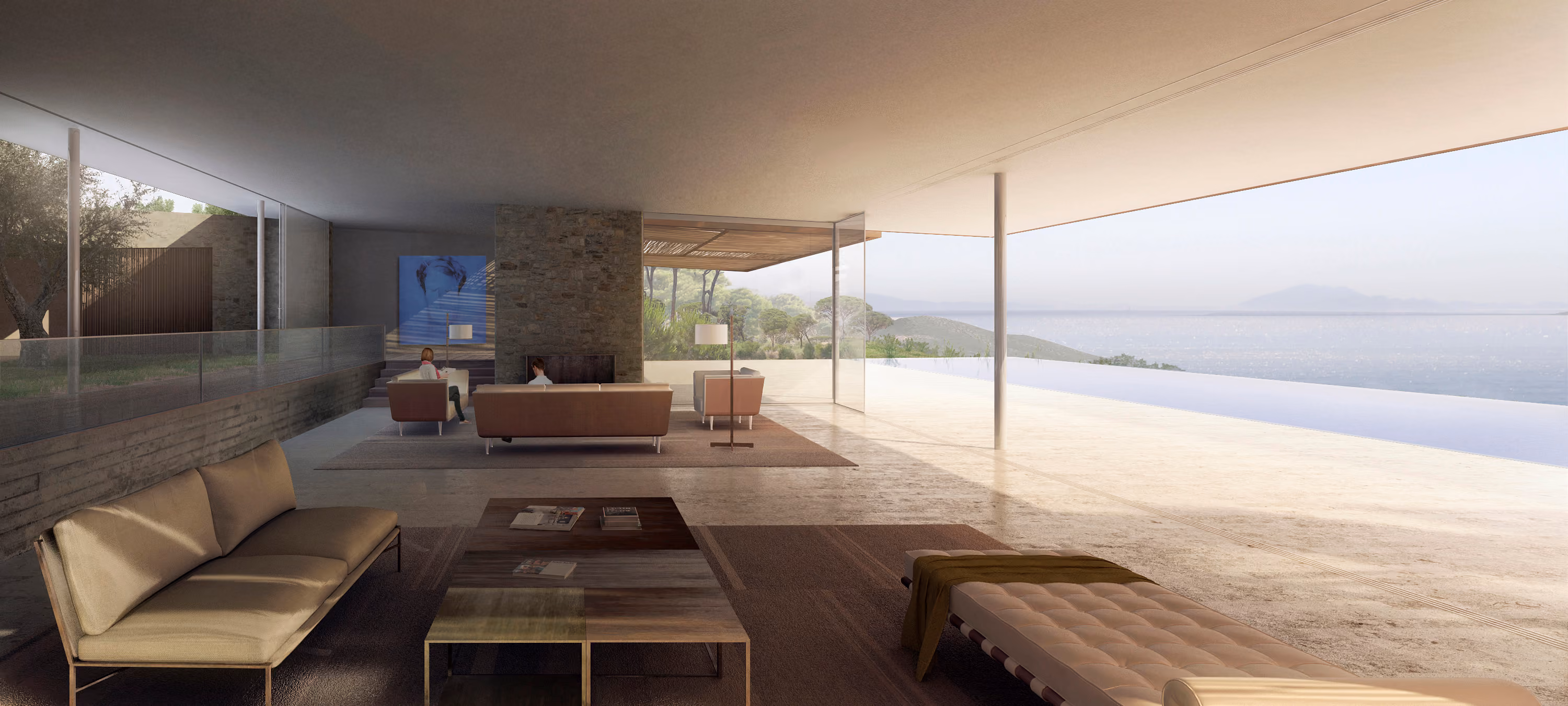 Open-plan lounge at Almost Invisible Resort in Bodrum, seating and stone fireplace beneath a cantilevered roof facing an infinity pool and the sea