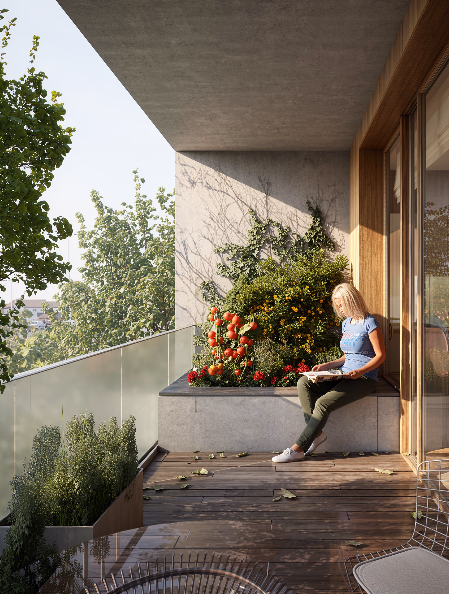 Wooden balcony at Parkway Road in Chelmsford, woman reading amid potted tomato plants and greenery beside glass railings and timber-framed doors
