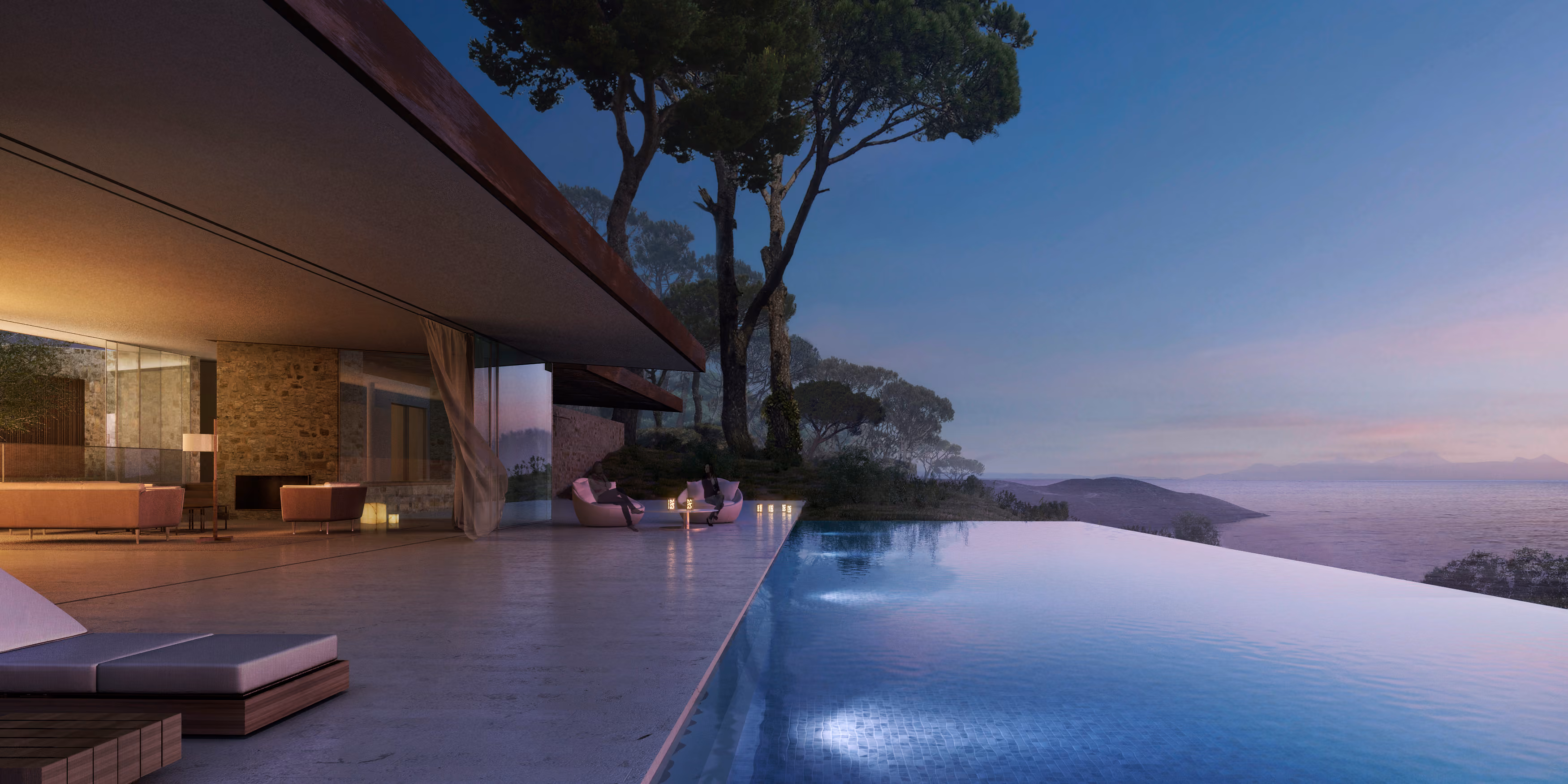 Twilight terrace of Almost Invisible Resort in Bodrum, infinity pool merging with the sea beside a shaded lounge under pine trees
