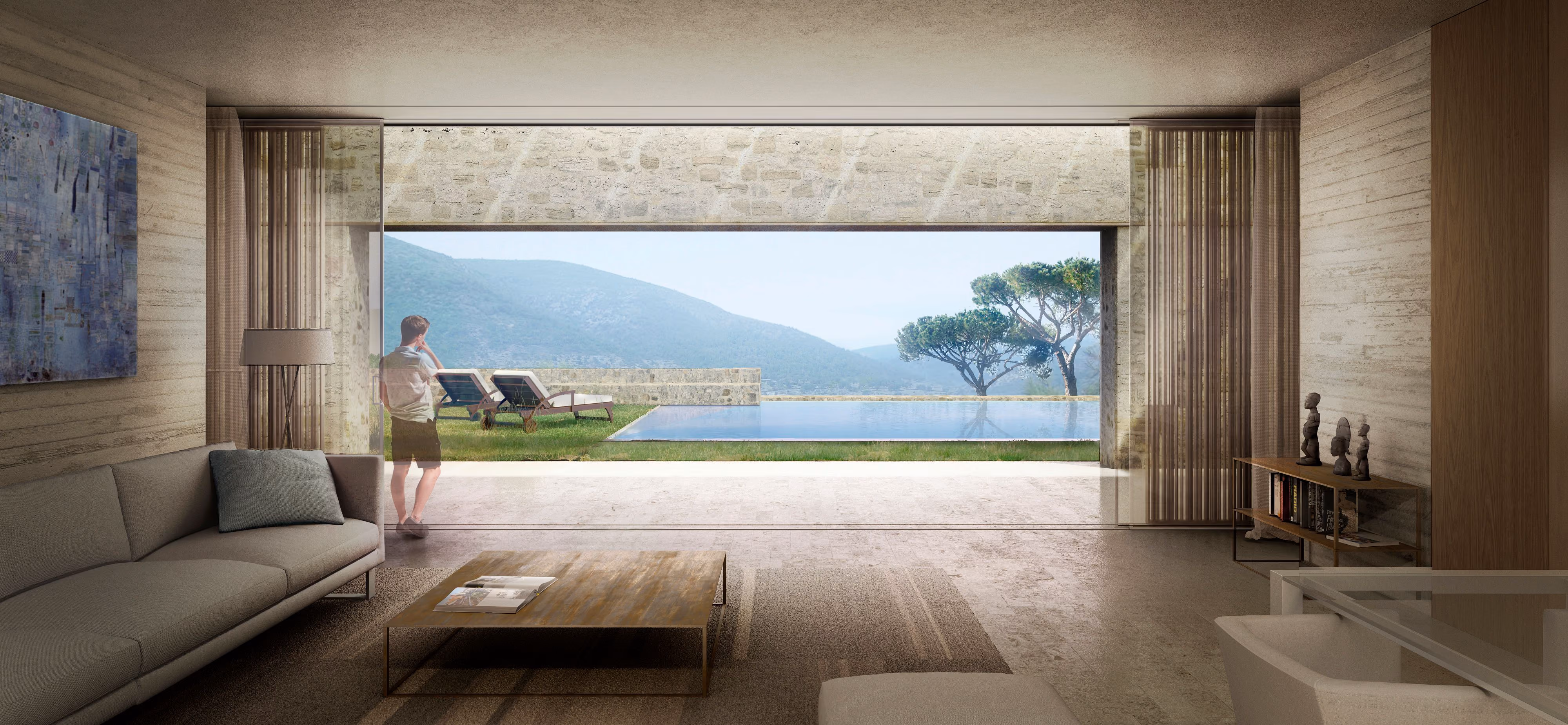 Living room of Almost Invisible Resort in Bodrum opening onto an infinity pool, lawn and pine trees with hills beyond, figure standing at the threshold