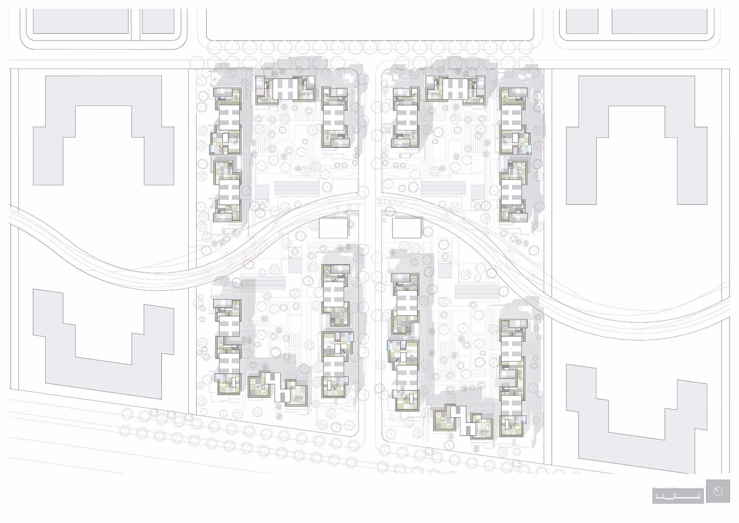 Site plan of Esplanade Eastown in Cairo, showing residential building bars arranged around a curving central boulevard with landscaped courtyards and tree cover
