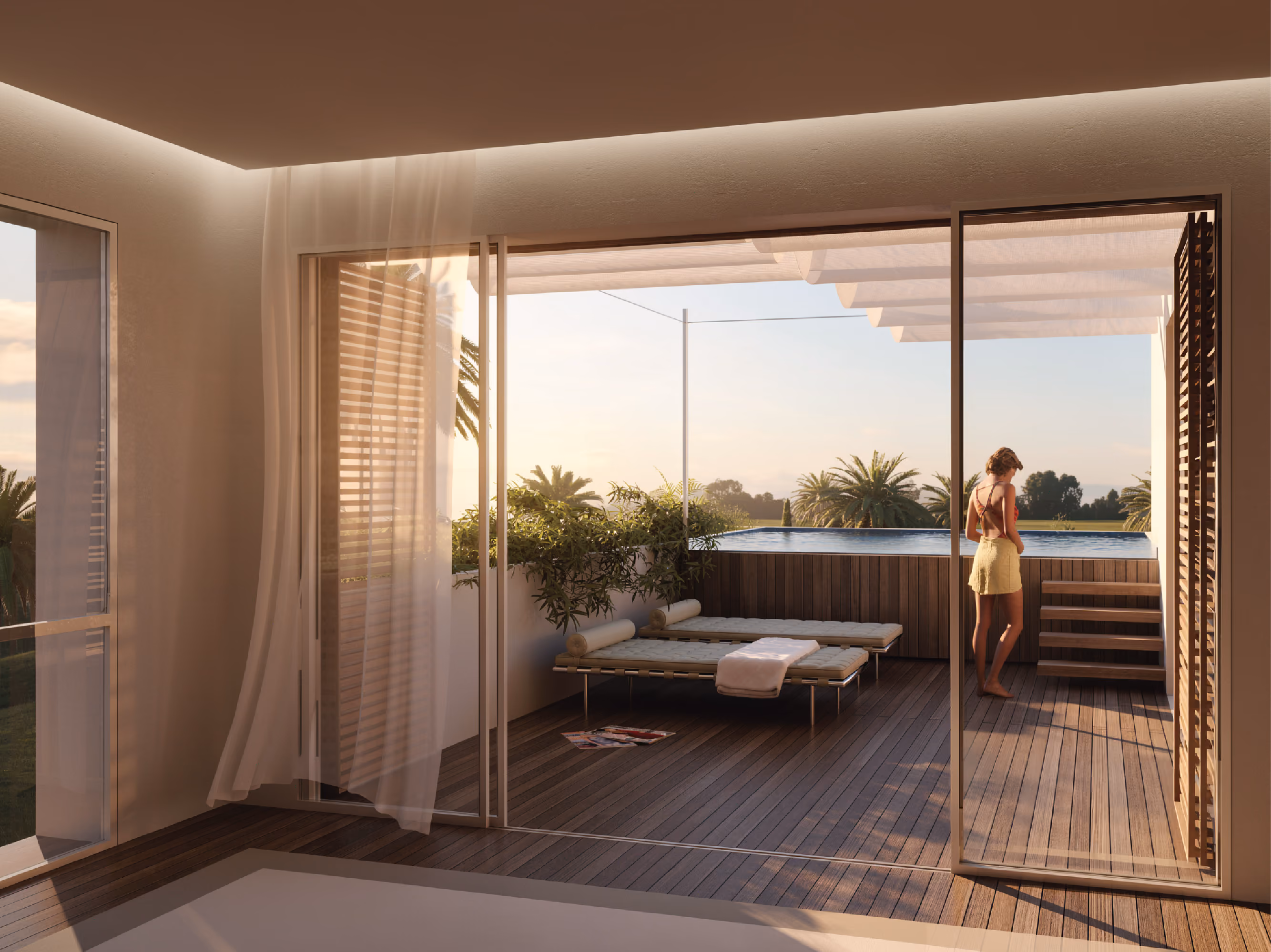 Bedroom terrace at Esplanade Eastown in Cairo, sliding glass doors opening onto a wooden deck with a plunge pool and palm trees at sunset
