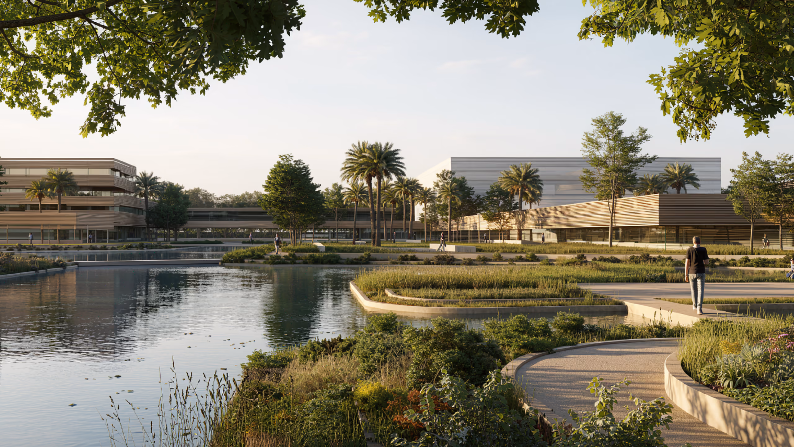 Landscaped pond and winding paths at Industrial Campus in Ain El Sokhna, with low timber-clad buildings and palm trees framed by overhanging foliage