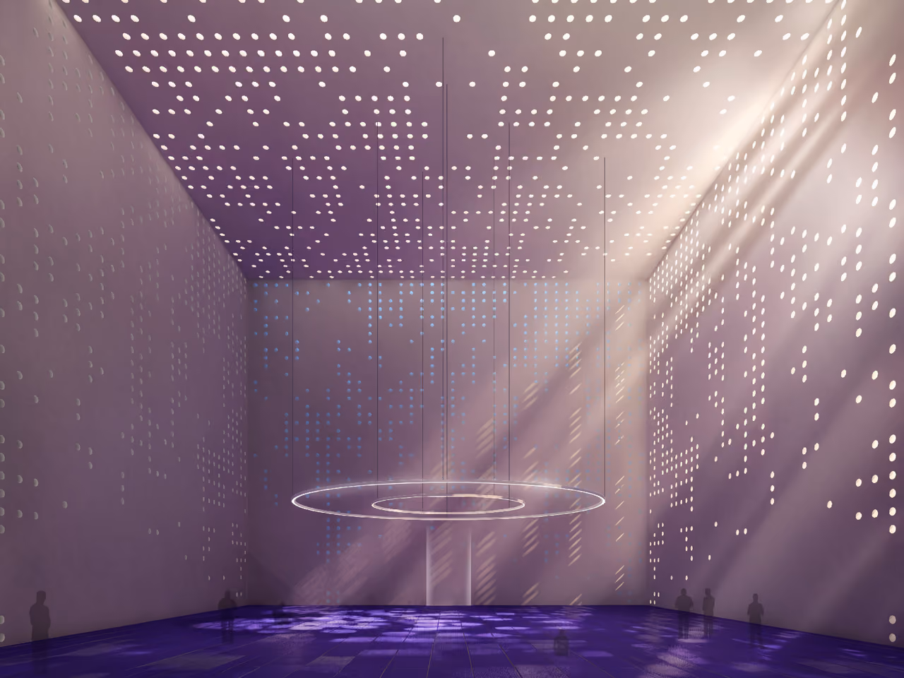 Interior hall in Industrial Campus, Ain El Sokhna, perforated walls and ceiling casting dotted light patterns onto a purple floor around a suspended ring fixture