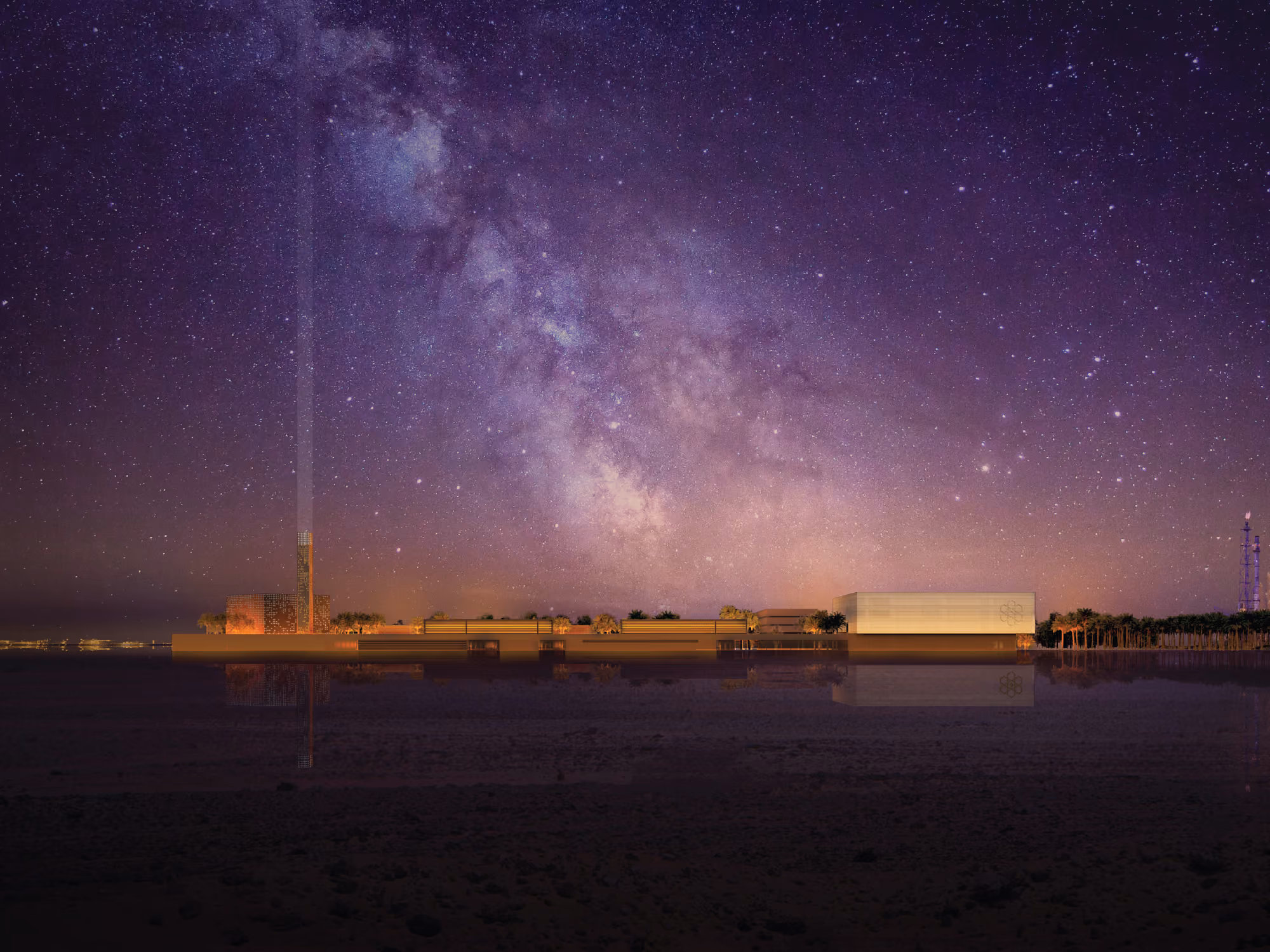 Night view of Industrial Campus in Ain El Sokhna, low-lying service buildings and a slender tower along the shoreline beneath a star-filled sky