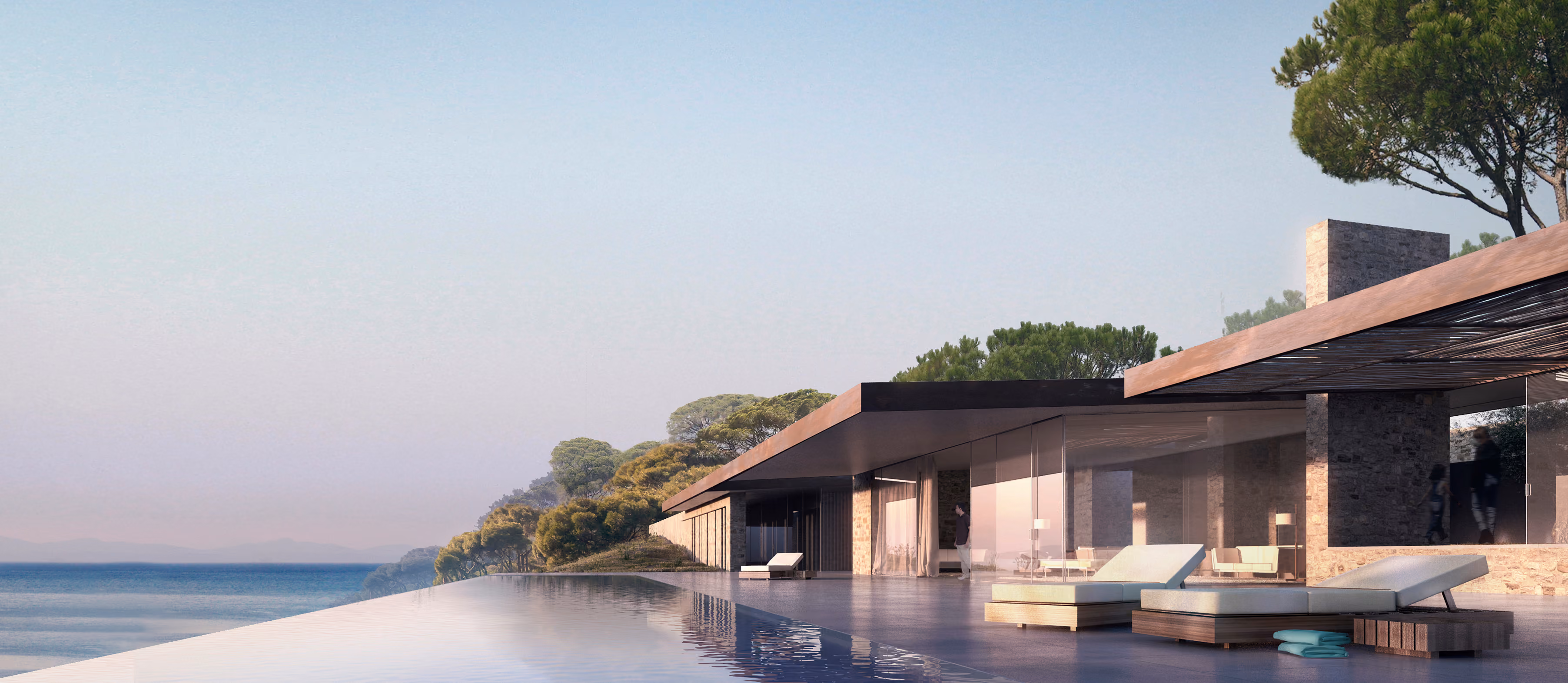 Terrace and infinity pool at Almost Invisible Resort in Bodrum, cantilevered stone and timber pavilion overlooking the sea through pine trees