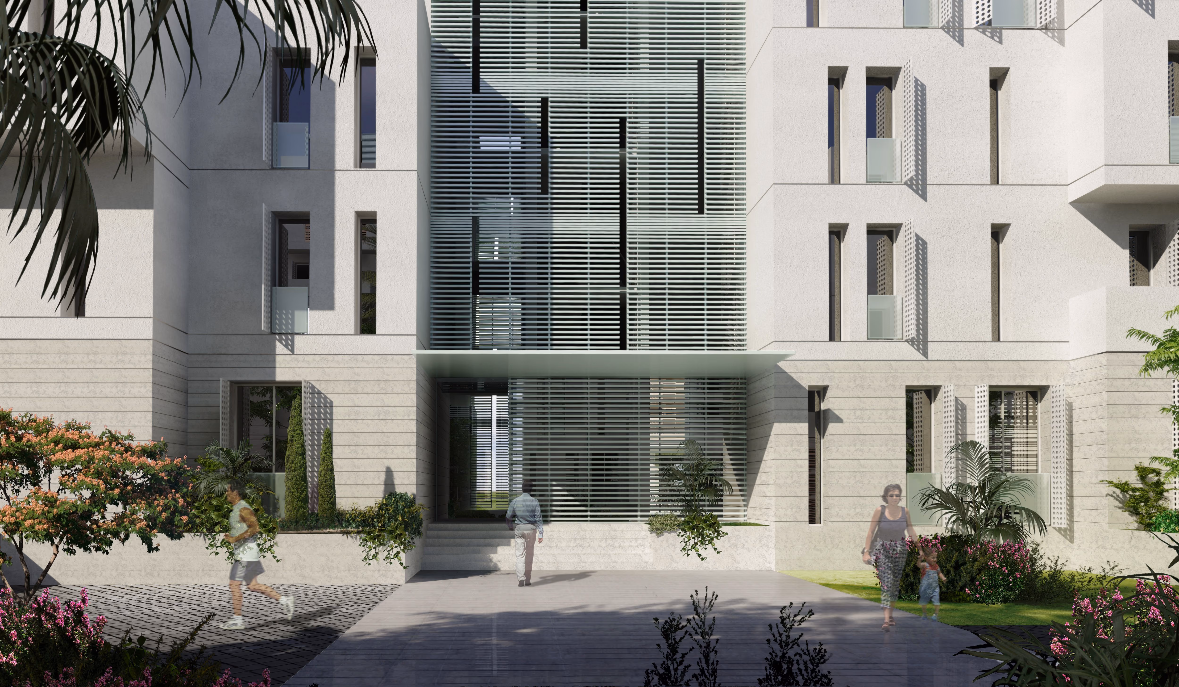 Entrance of a residential building at Esplanade Eastown in Cairo, glazed lobby with slatted screens framed by stone facades, landscaped courtyard with people walking