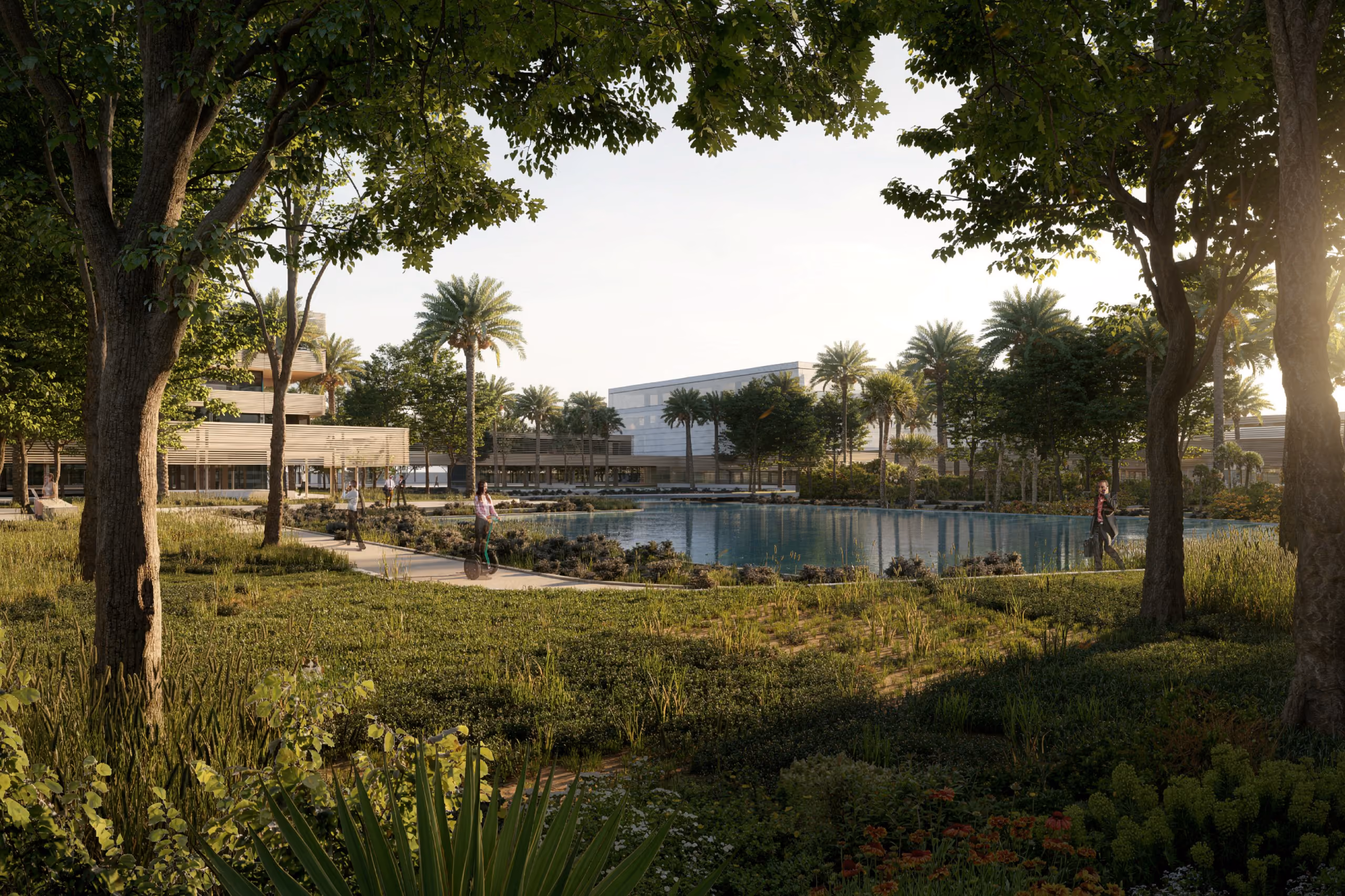 Landscaped grounds of Industrial Campus in Ain El Sokhna, palm trees and a reflecting pool framed by dense foliage with low-rise buildings beyond