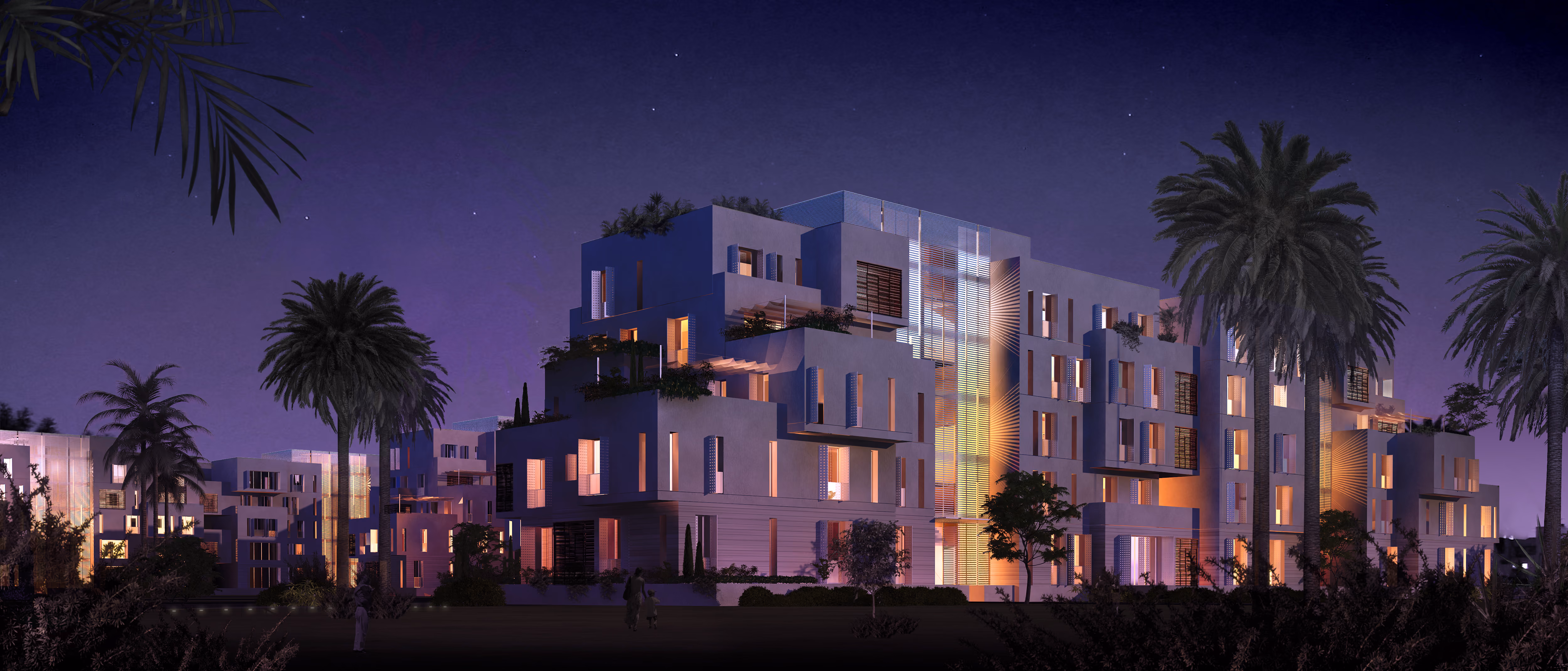 Night view of Esplanade Eastown in Cairo, stepped residential blocks with illuminated windows and terraces among tall palm trees under a starry sky