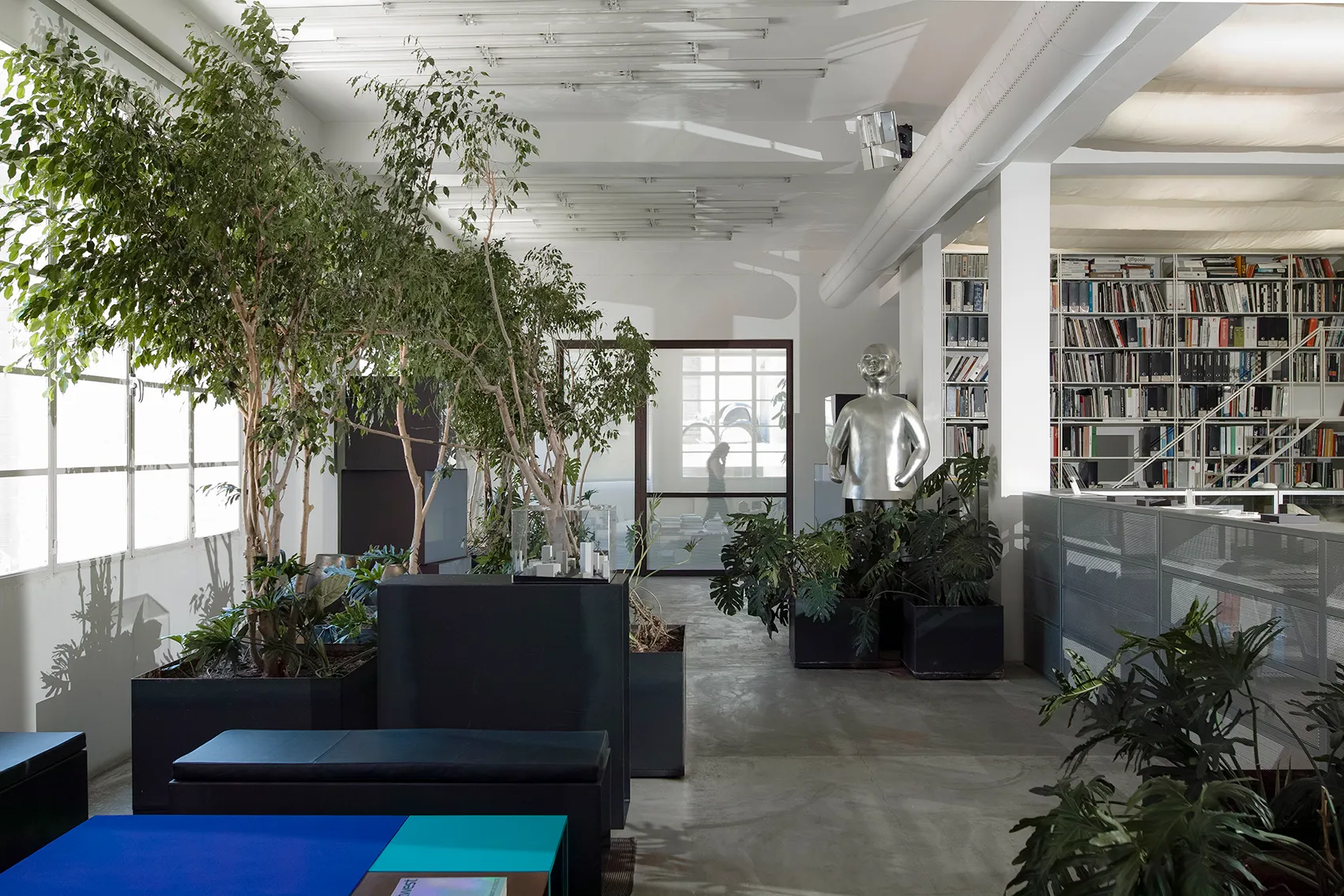 Interior of ngª Office in Beirut, lounge area with potted trees, a silver figurative sculpture, dark planters and a library wall visible beyond
