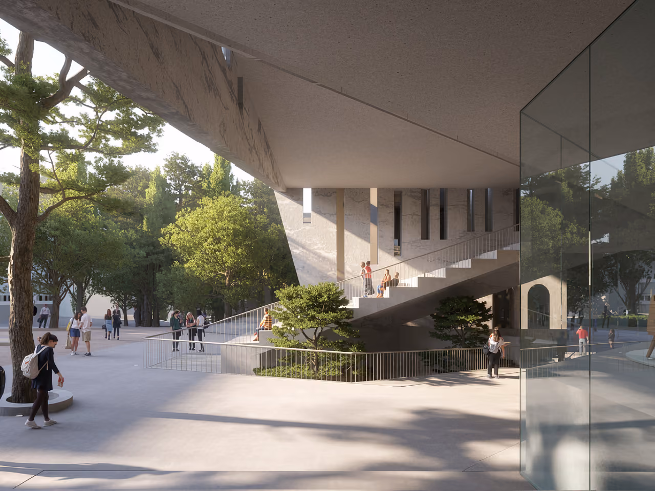 Exterior stair and shaded portico of the AUB Faculty of Arts and Science in Beirut, students gathering among trees beside a glass facade