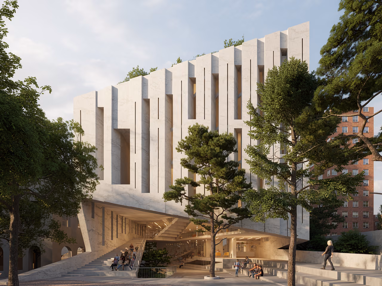 Elevated view of the AUB Faculty of Arts and Science in Beirut, its fluted stone facade lifted above an open ground-floor plaza with steps and mature trees