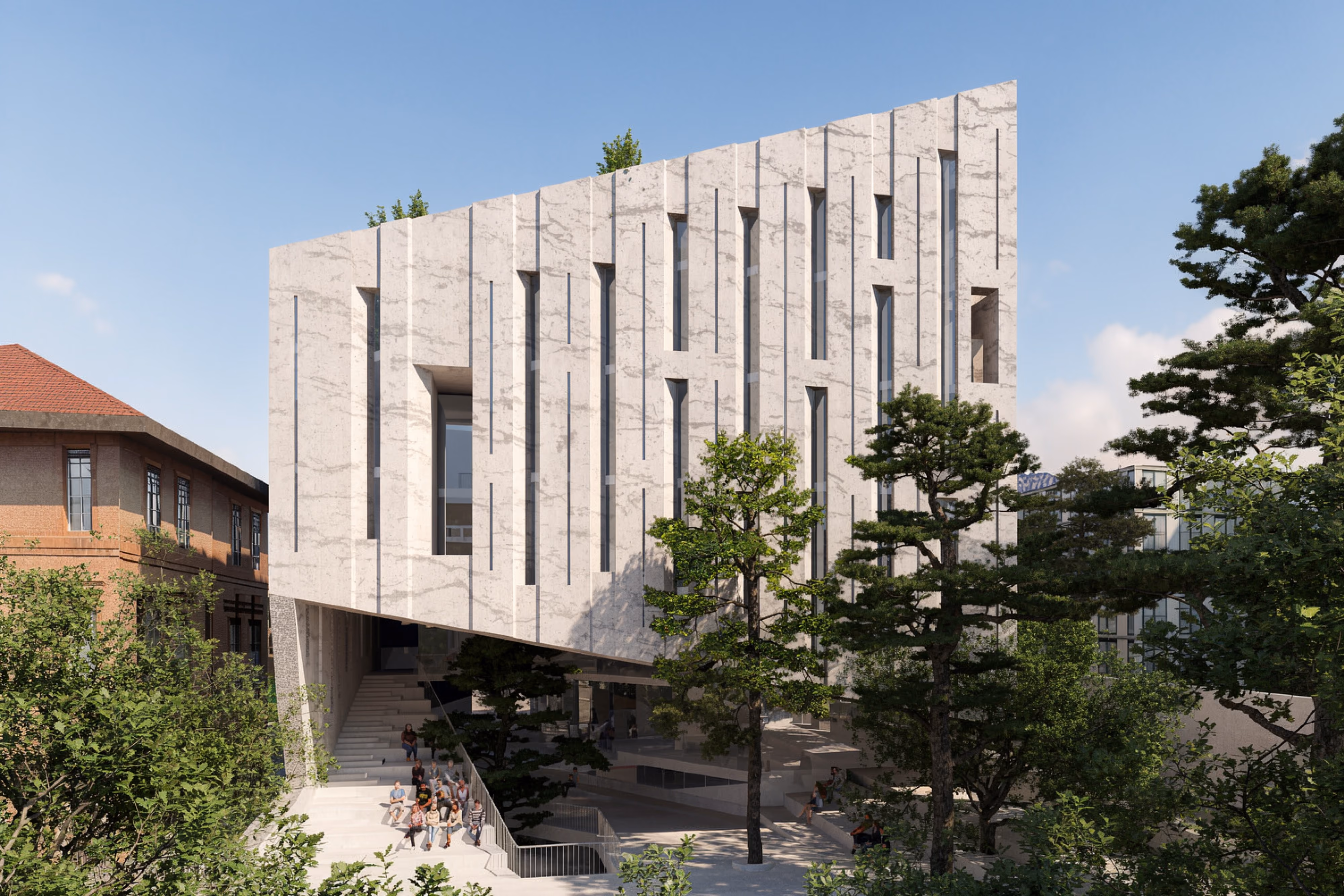 AUB Faculty of Arts and Science, a stone-clad building by Nabil Gholam Architects with vertical slit windows and a cantilevered volume over a stepped entrance, Beirut, Lebanon