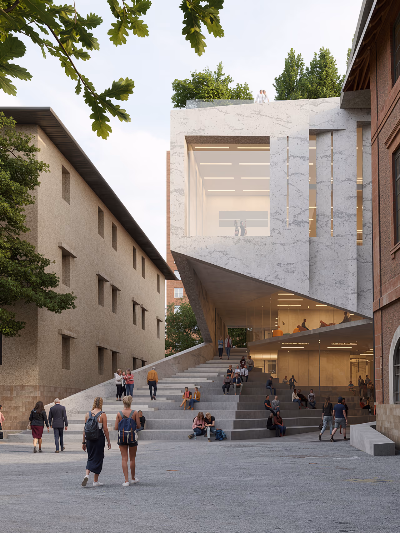 Wide stepped plaza doubling as seating leads into the AUB Faculty of Arts and Science building in Beirut, its cantilevered stone volume framing a glazed lobby