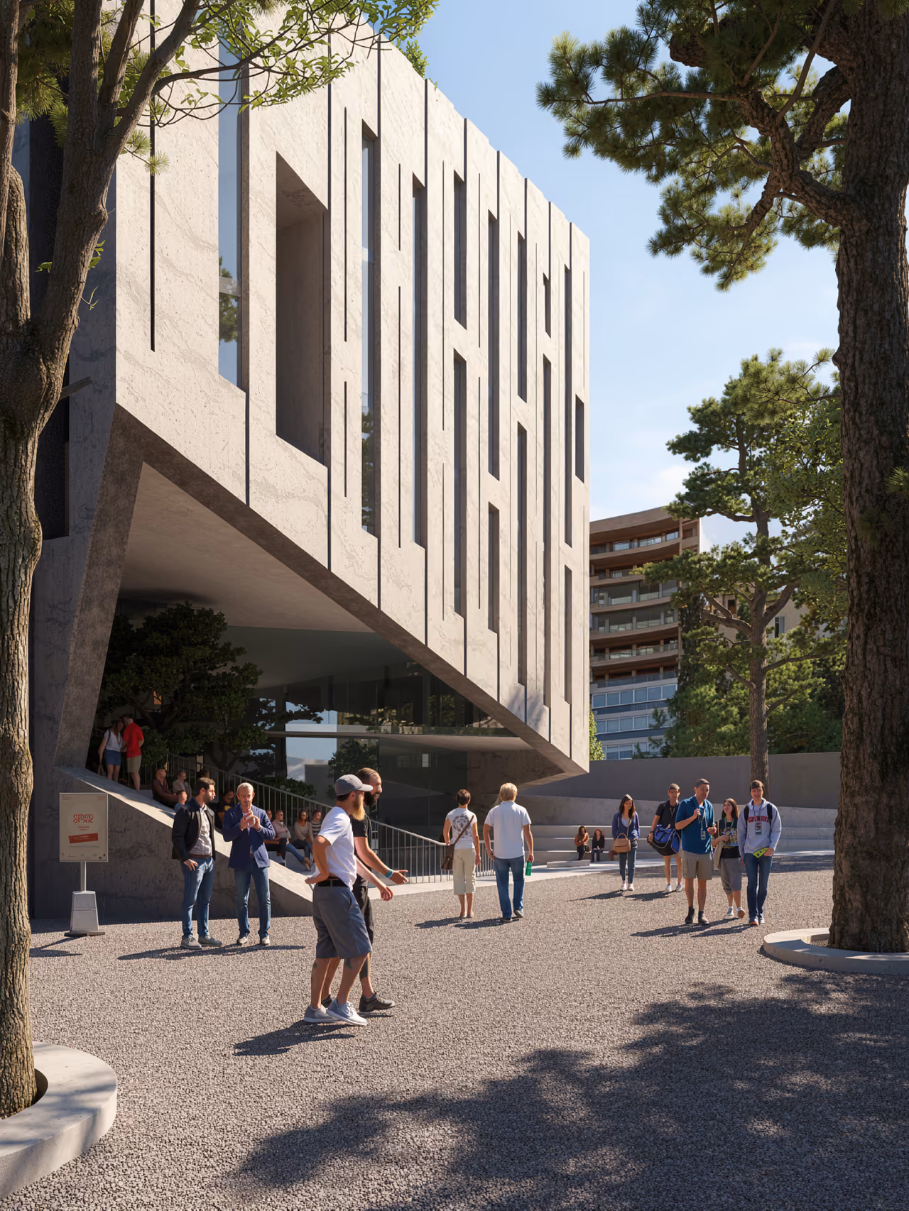 Cantilevered stone volume with vertical slot windows at AUB Faculty of Arts and Science in Beirut, students gathering on the shaded plaza below