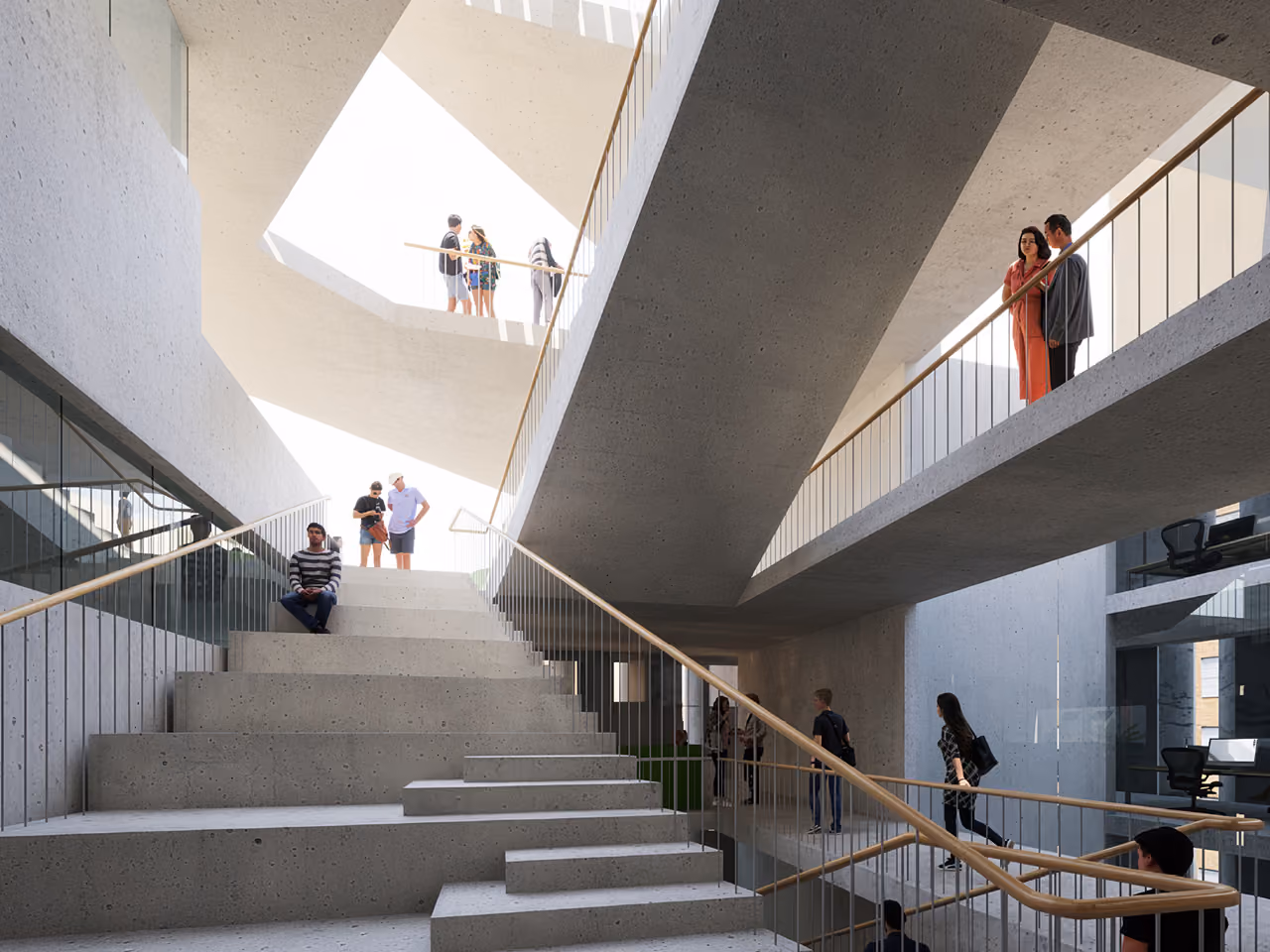 Interior of AUB Faculty of Arts and Science in Beirut, sculptural concrete staircases and cantilevered landings where students and visitors pause and converse