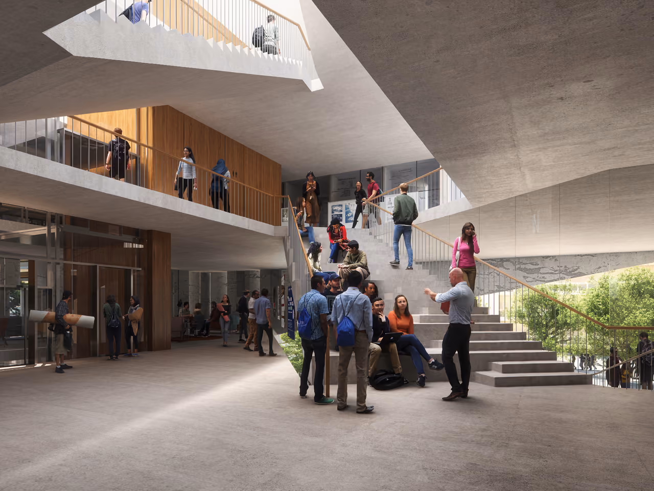 Interior atrium of the AUB Faculty of Arts and Science in Beirut, students gathering on wide concrete stairs beneath angular overhead volumes and timber-clad walls