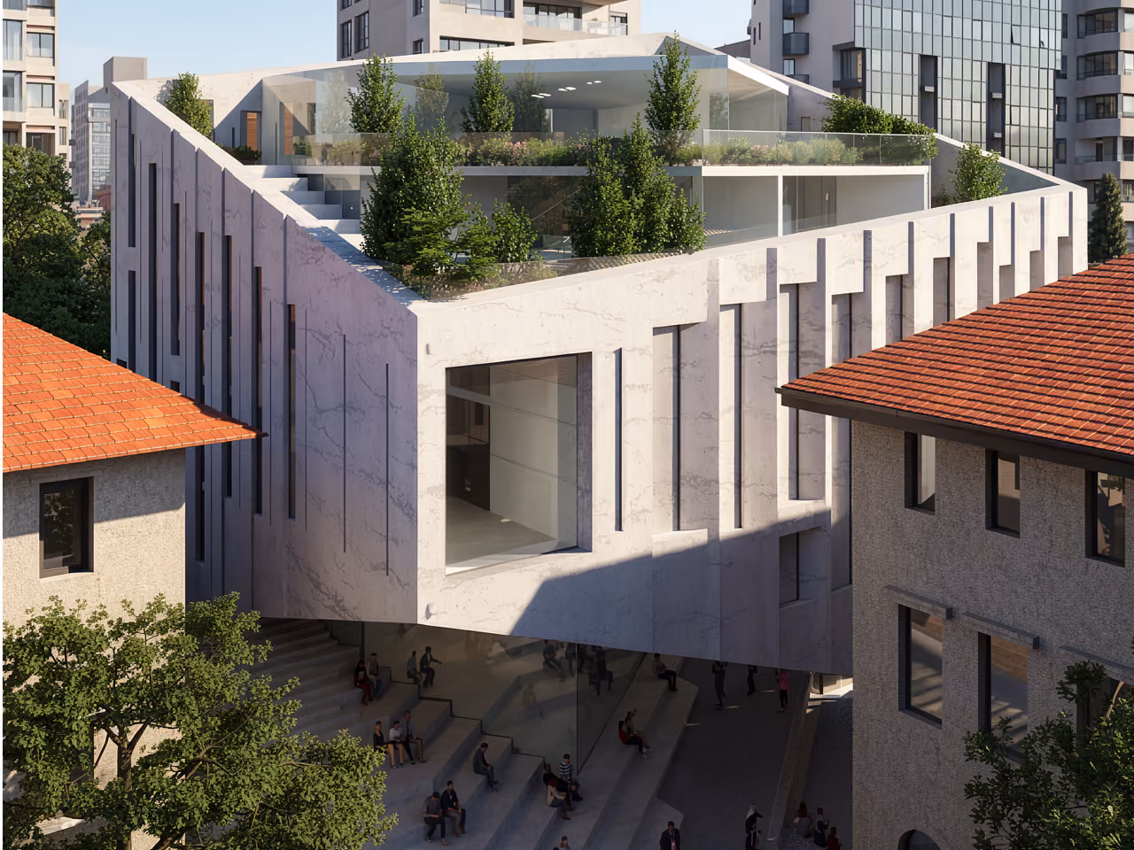 AUB Faculty of Arts and Science in Beirut, cantilevered stone-clad volume with a rooftop garden overlooking a stepped public plaza between older tiled-roof buildings