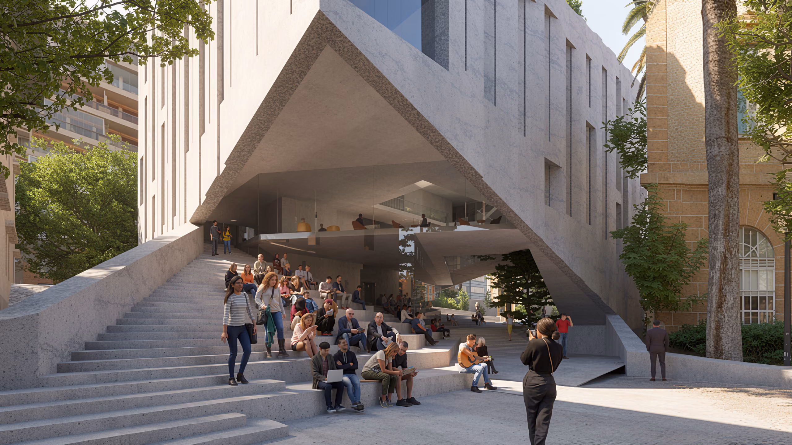 Stepped stone plaza and stairs beneath a cantilevered triangular volume at the AUB Faculty of Arts and Science in Beirut, with students gathering and socialising