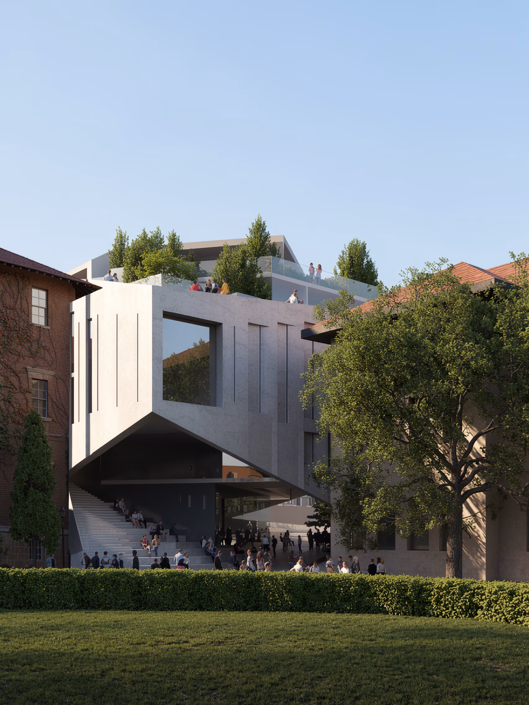 AUB Faculty of Arts and Science in Beirut, cantilevered stone volume with a rooftop garden and wide steps leading to a courtyard amid mature trees