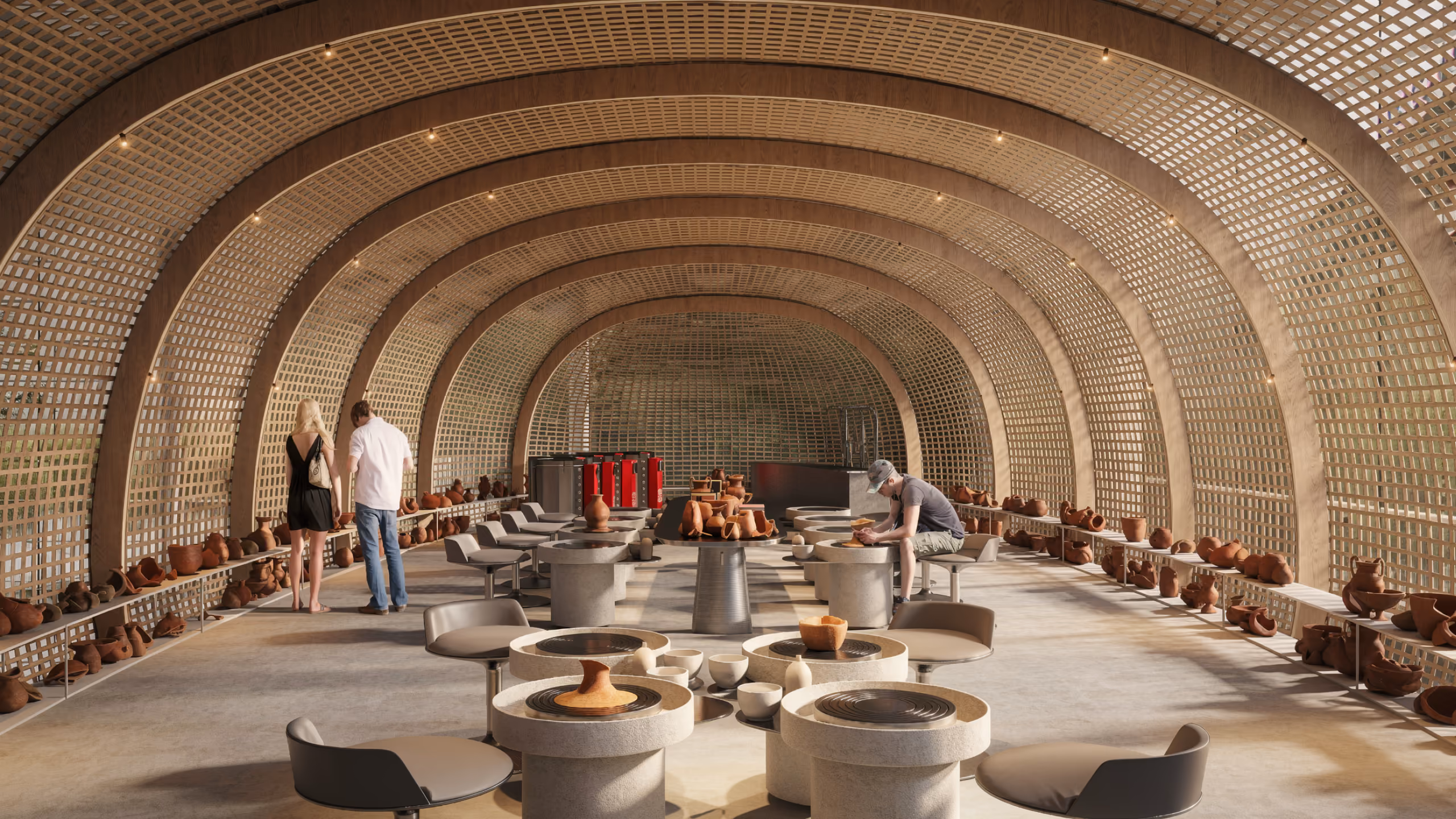 Interior of Art Hub in Beirut, a ribbed wooden lattice tunnel with pottery displayed on shelves along the walls and round seating tables below