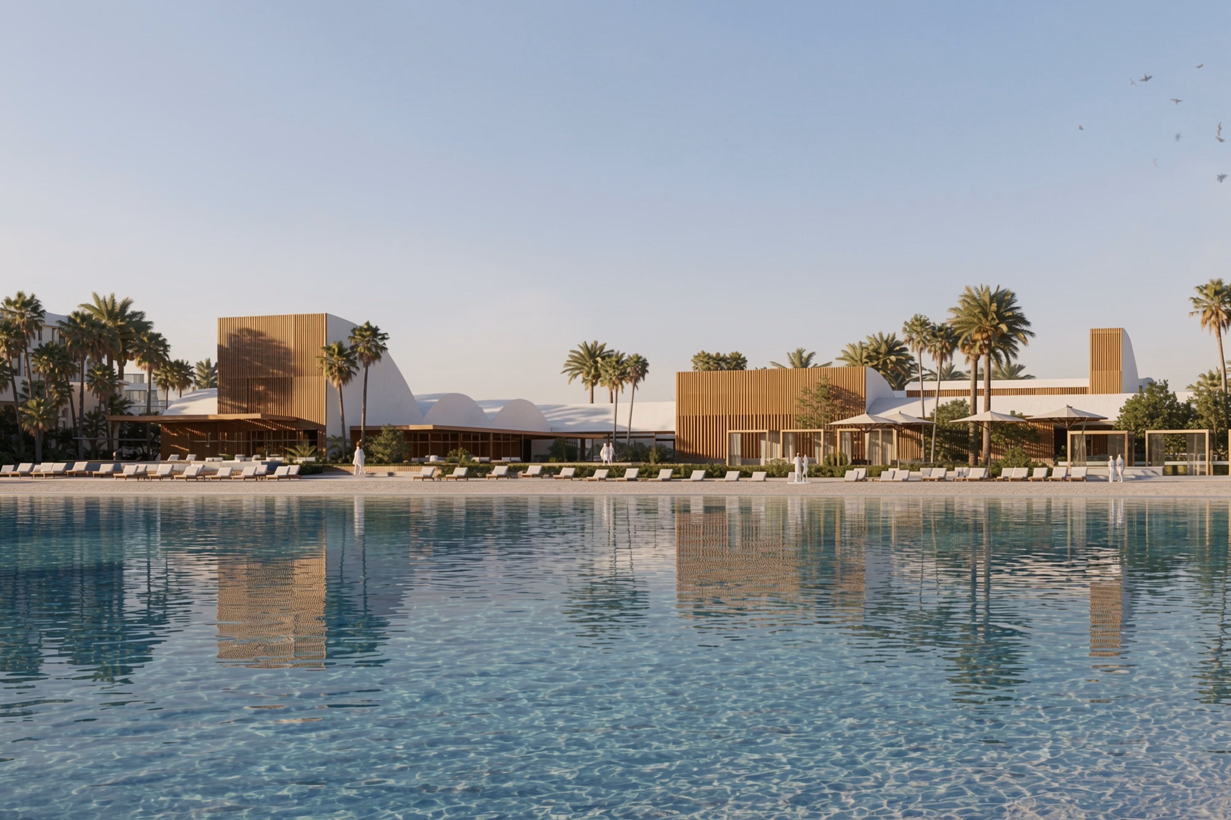 Serenity Beach Club by Nabil Gholam Architects in Dubai, United Arab Emirates, curved white pavilions with timber louvered volumes and palm trees along a lagoon shoreline